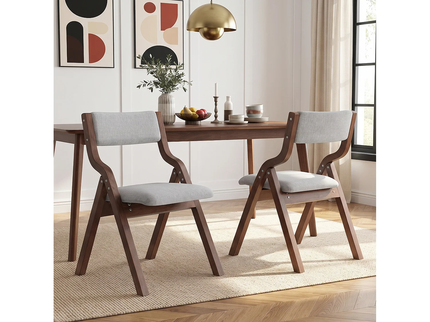 Conjunto de 6 cadeiras de jantar dobráveis sem braços - Madeira maciça e linho - 55 x 49 x 81 cm - Cinza