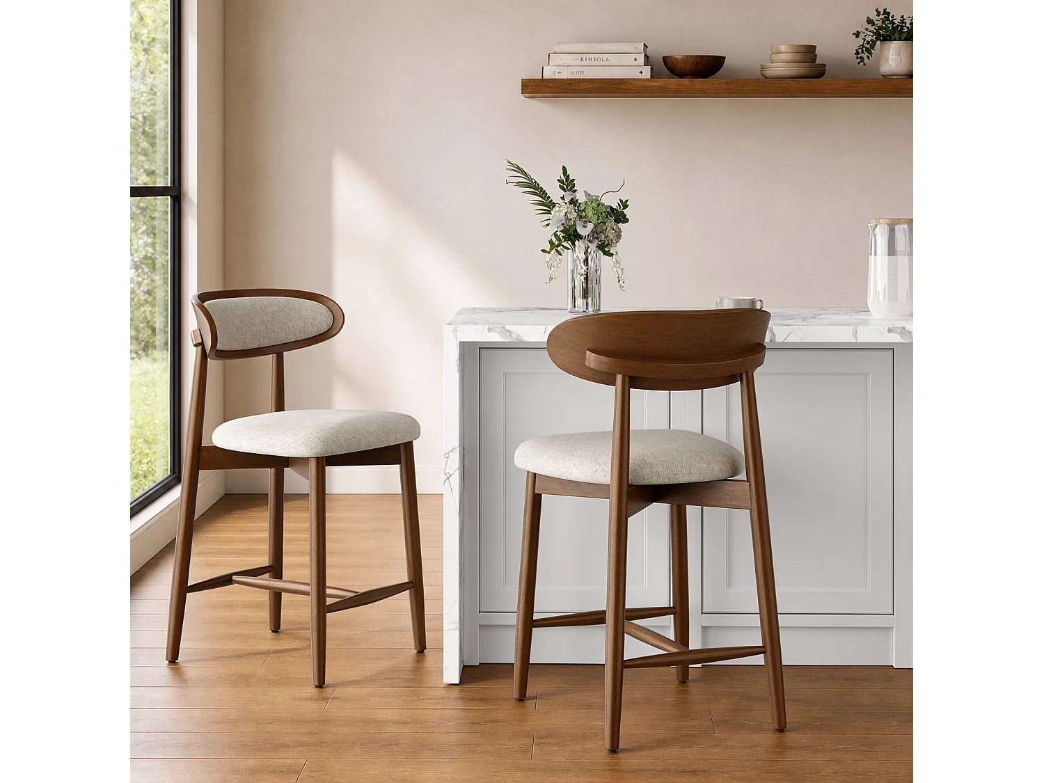 Lot de 2 tabourets de bar en bois massif, dossier incurvé et assise rembourrée, beige
