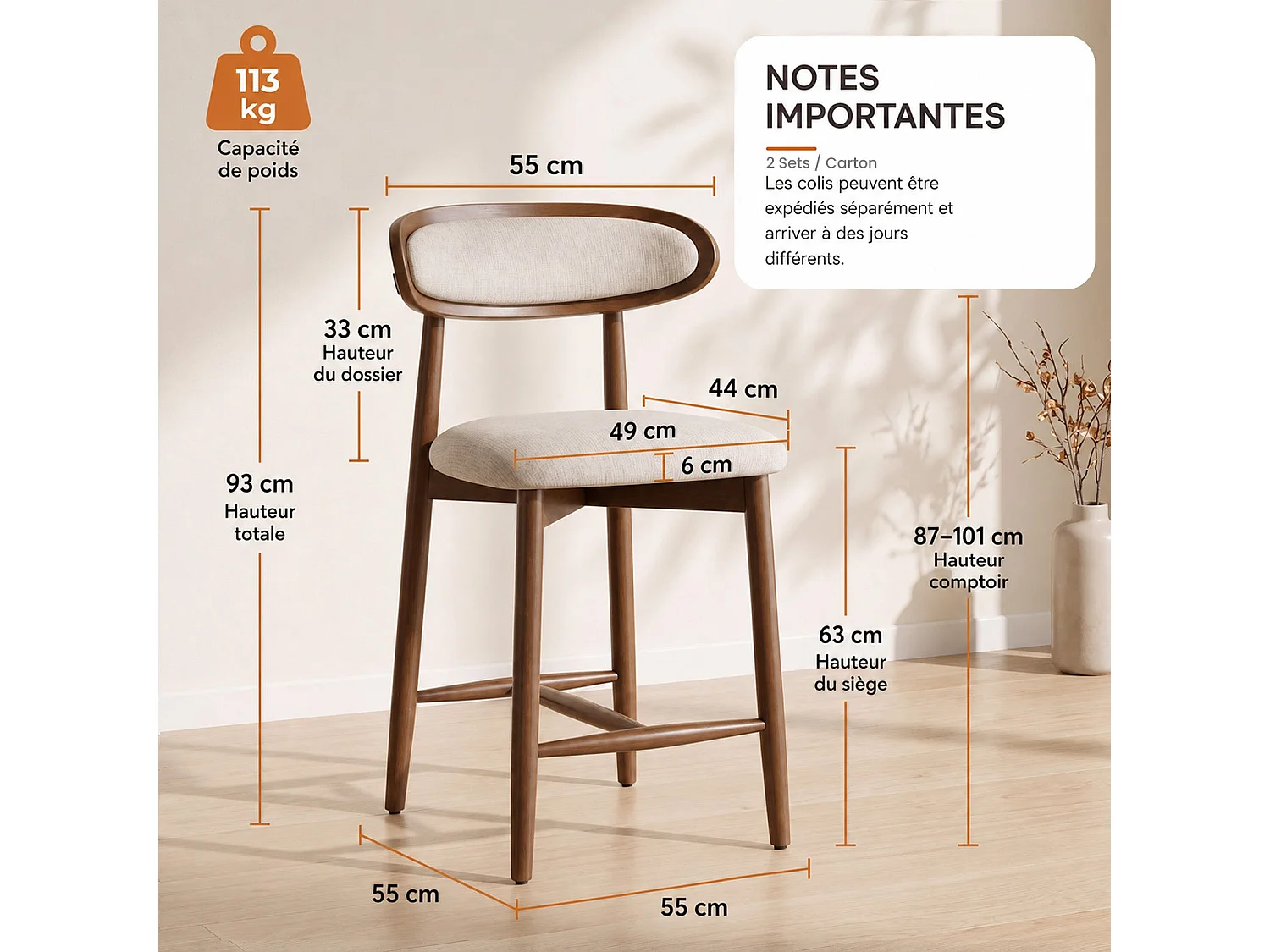 Lot de 2 tabourets de bar en bois massif, dossier incurvé et assise rembourrée, beige