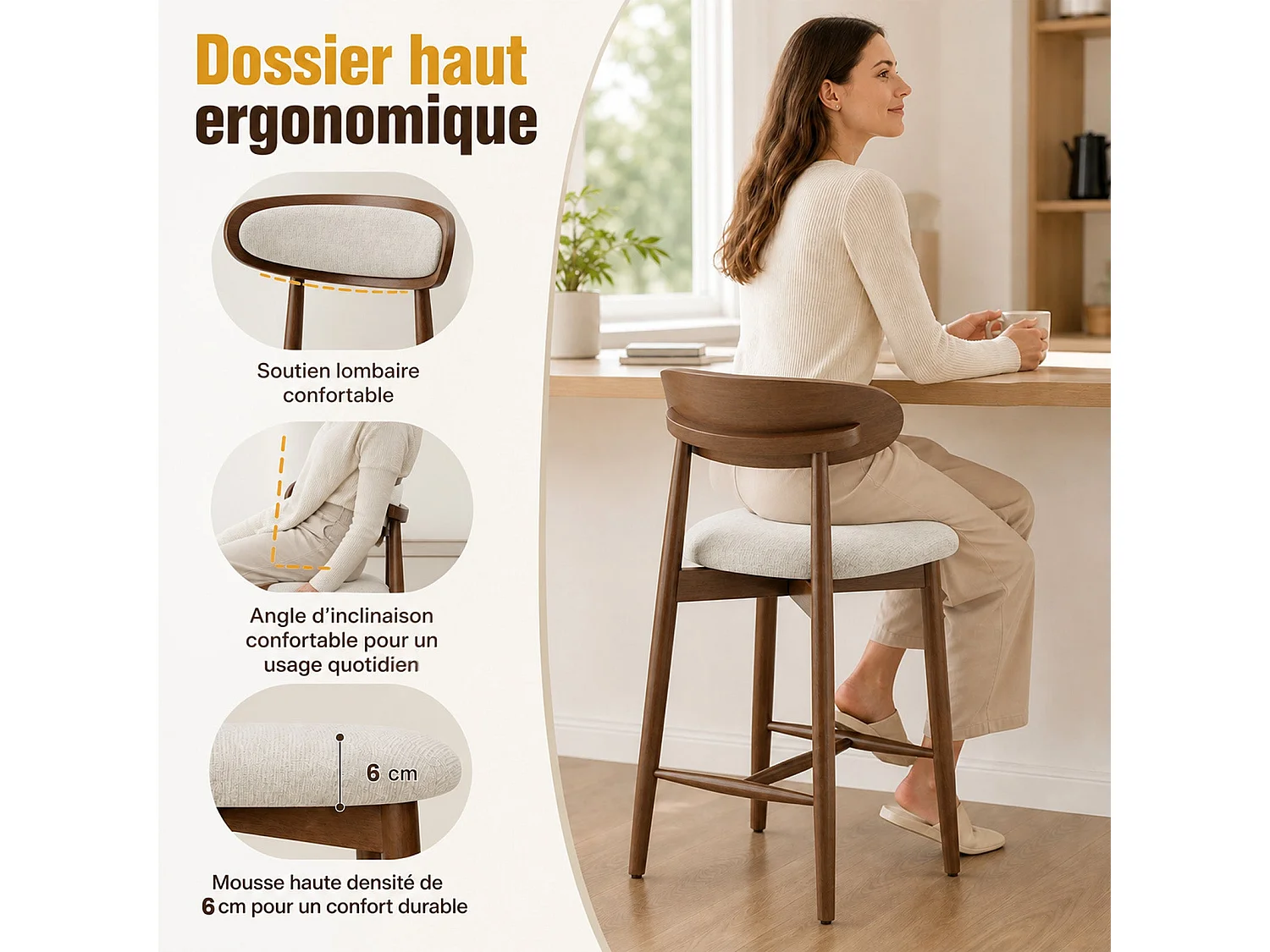 Lot de 2 tabourets de bar en bois massif, dossier incurvé et assise rembourrée, beige
