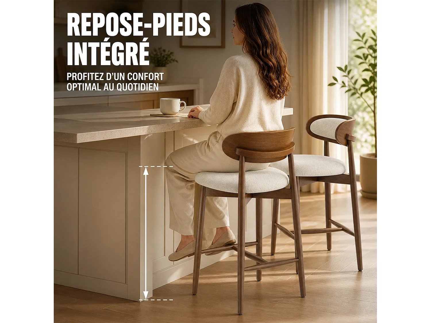 Lot de 2 tabourets de bar en bois massif, dossier incurvé et assise rembourrée, beige