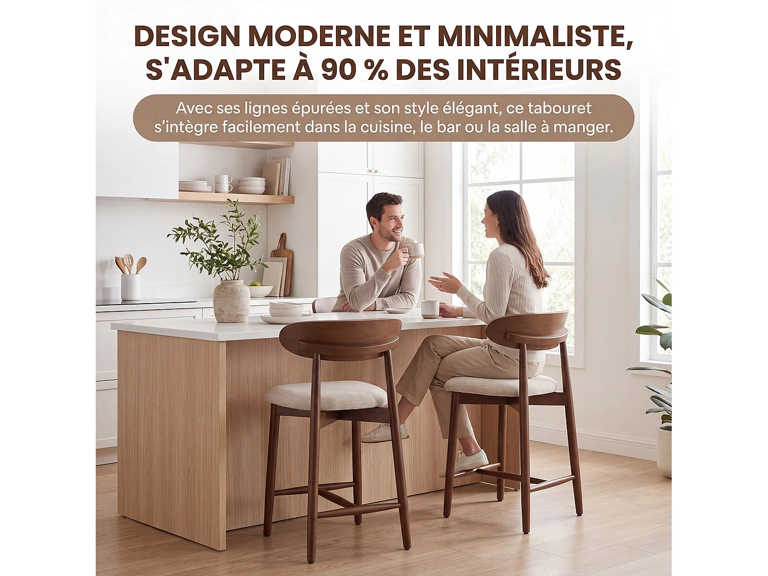 Lot de 2 tabourets de bar en bois massif, dossier incurvé et assise rembourrée, beige