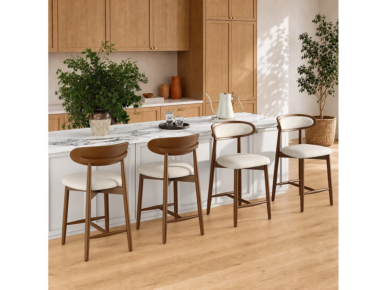 Lot de 2 tabourets de bar en bois massif, dossier incurvé et assise rembourrée, beige