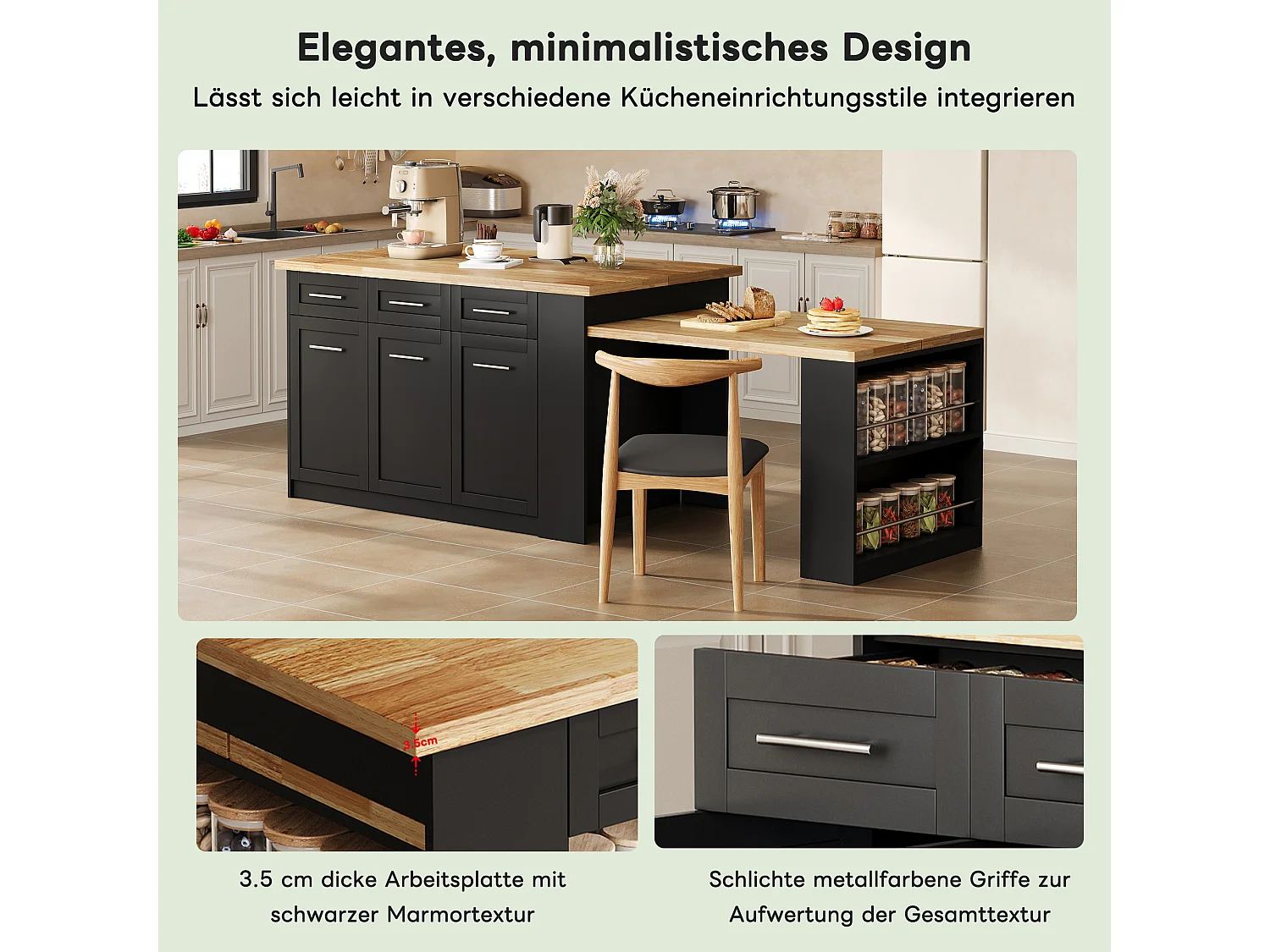 Îlot central de cuisine avec table à manger escamotable, 6 tiroirs et 3 porte - 150 x 90 x 90 cm - MDF - Noir + naturel