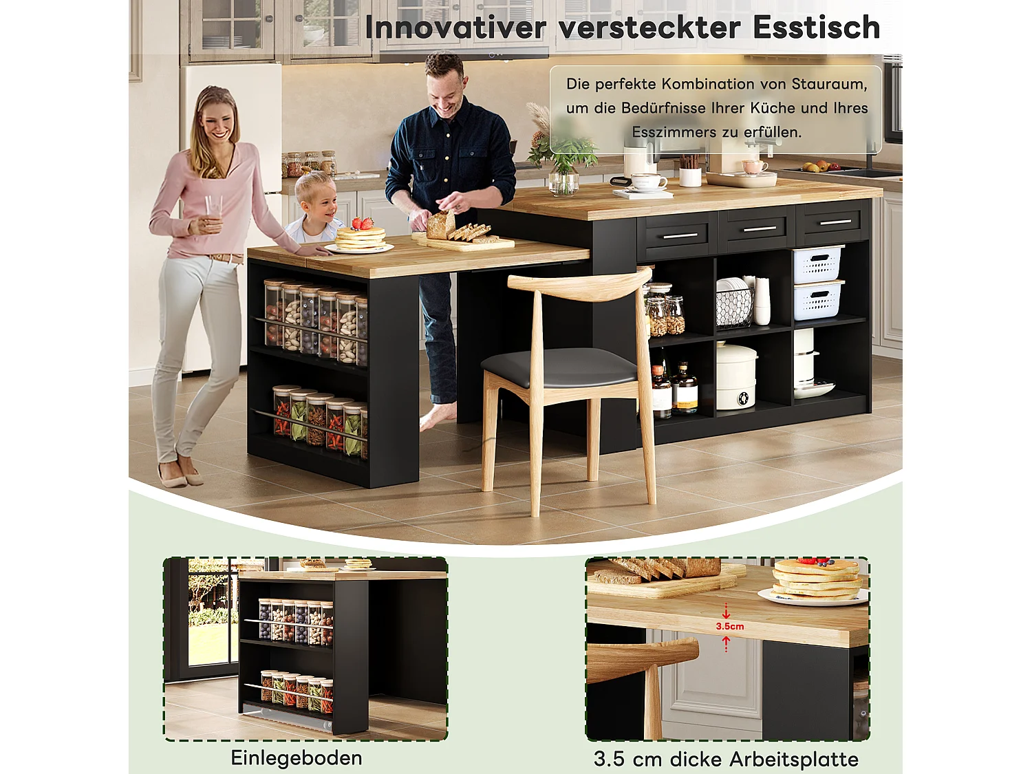 Îlot central de cuisine avec table à manger escamotable, 6 tiroirs et 3 porte - 150 x 90 x 90 cm - MDF - Noir + naturel
