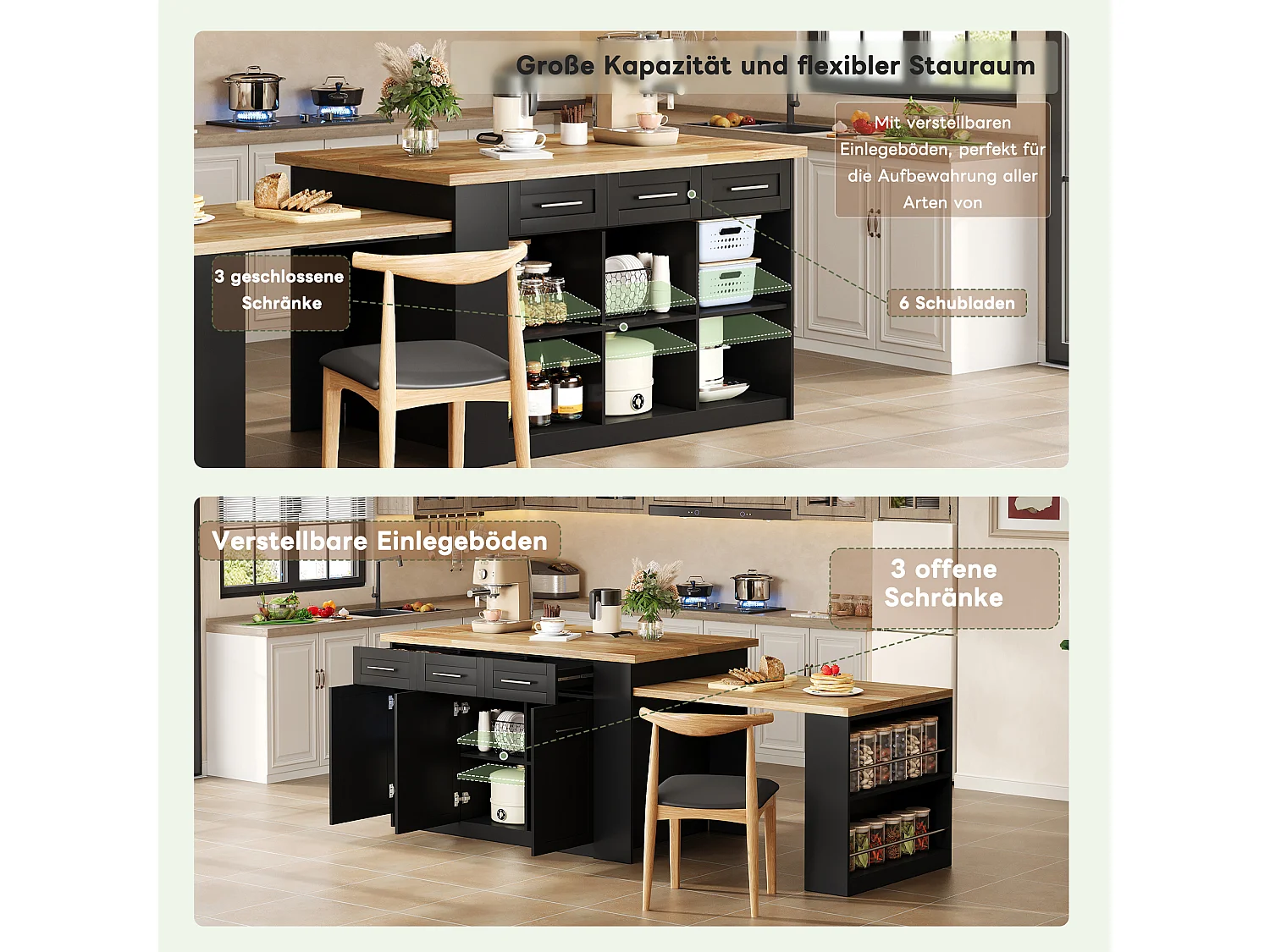 Îlot central de cuisine avec table à manger escamotable, 6 tiroirs et 3 porte - 150 x 90 x 90 cm - MDF - Noir + naturel