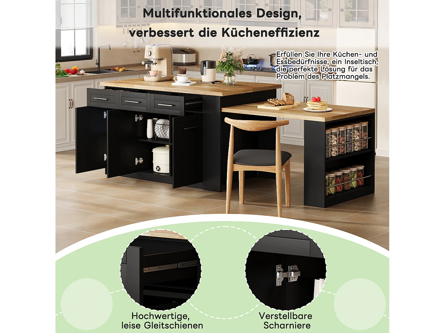 Îlot central de cuisine avec table à manger escamotable, 6 tiroirs et 3 porte - 150 x 90 x 90 cm - MDF - Noir + naturel