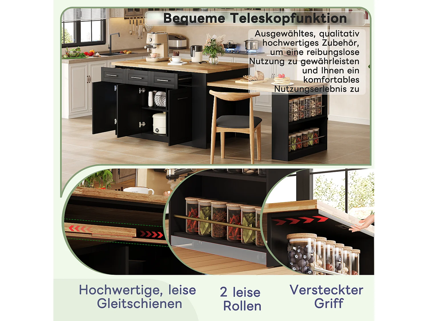 Îlot central de cuisine avec table à manger escamotable, 6 tiroirs et 3 porte - 150 x 90 x 90 cm - MDF - Noir + naturel