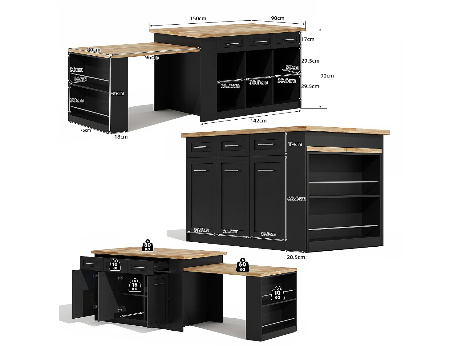 Îlot central de cuisine avec table à manger escamotable, 6 tiroirs et 3 porte - 150 x 90 x 90 cm - MDF - Noir + naturel