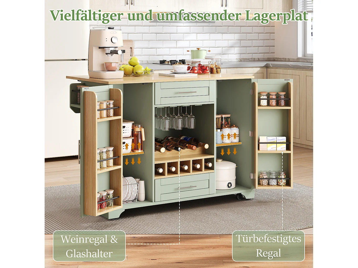 Mobil köksö - Hopfällbar bänkskiva, 2 dörrar, 2 lådor och vinställ – 138 × 45 (70) × 92 cm – MDF – Grön