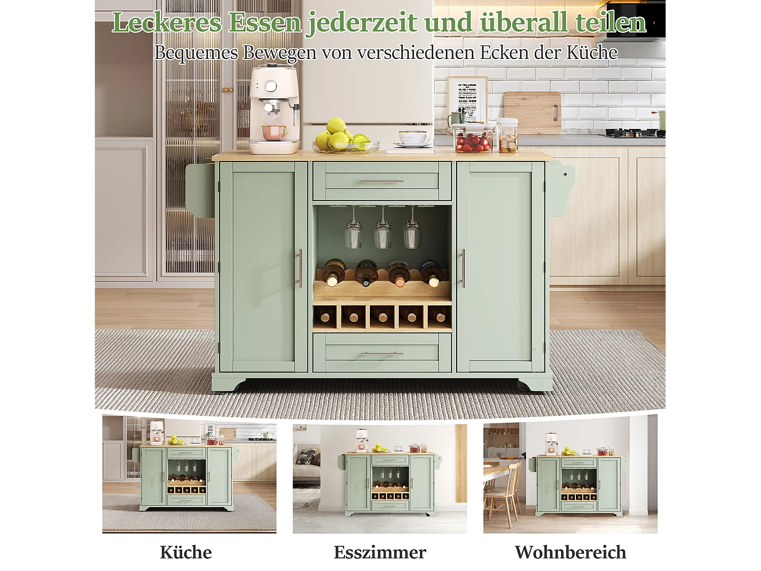 Mobil köksö - Hopfällbar bänkskiva, 2 dörrar, 2 lådor och vinställ – 138 × 45 (70) × 92 cm – MDF – Grön