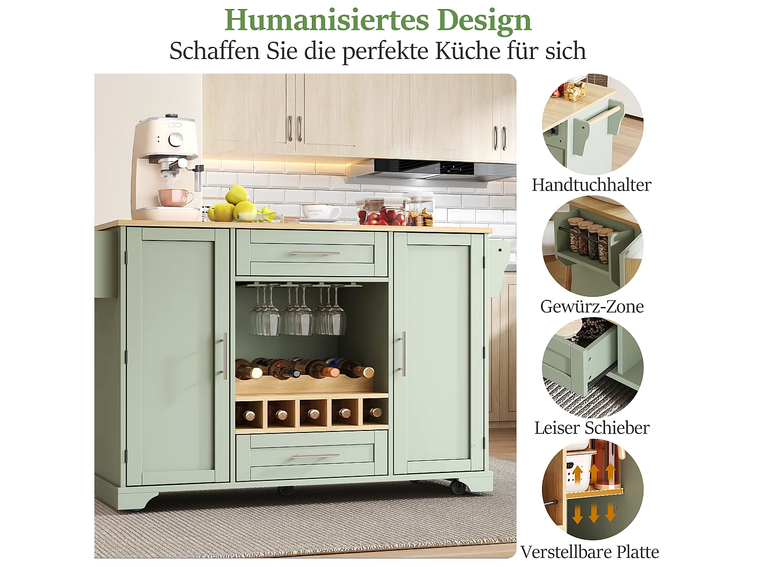 Mobil köksö - Hopfällbar bänkskiva, 2 dörrar, 2 lådor och vinställ – 138 × 45 (70) × 92 cm – MDF – Grön