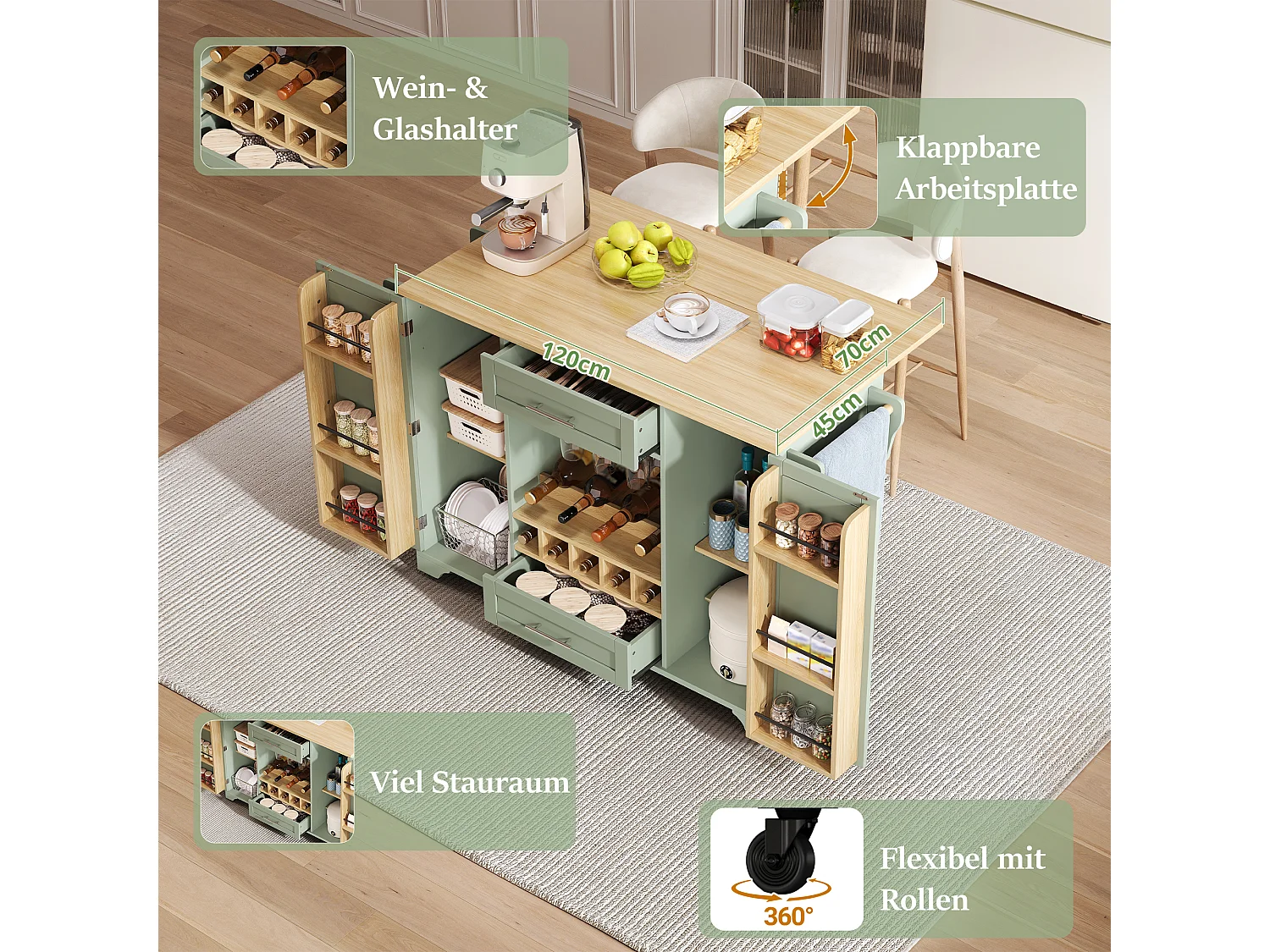Mobil köksö - Hopfällbar bänkskiva, 2 dörrar, 2 lådor och vinställ – 138 × 45 (70) × 92 cm – MDF – Grön