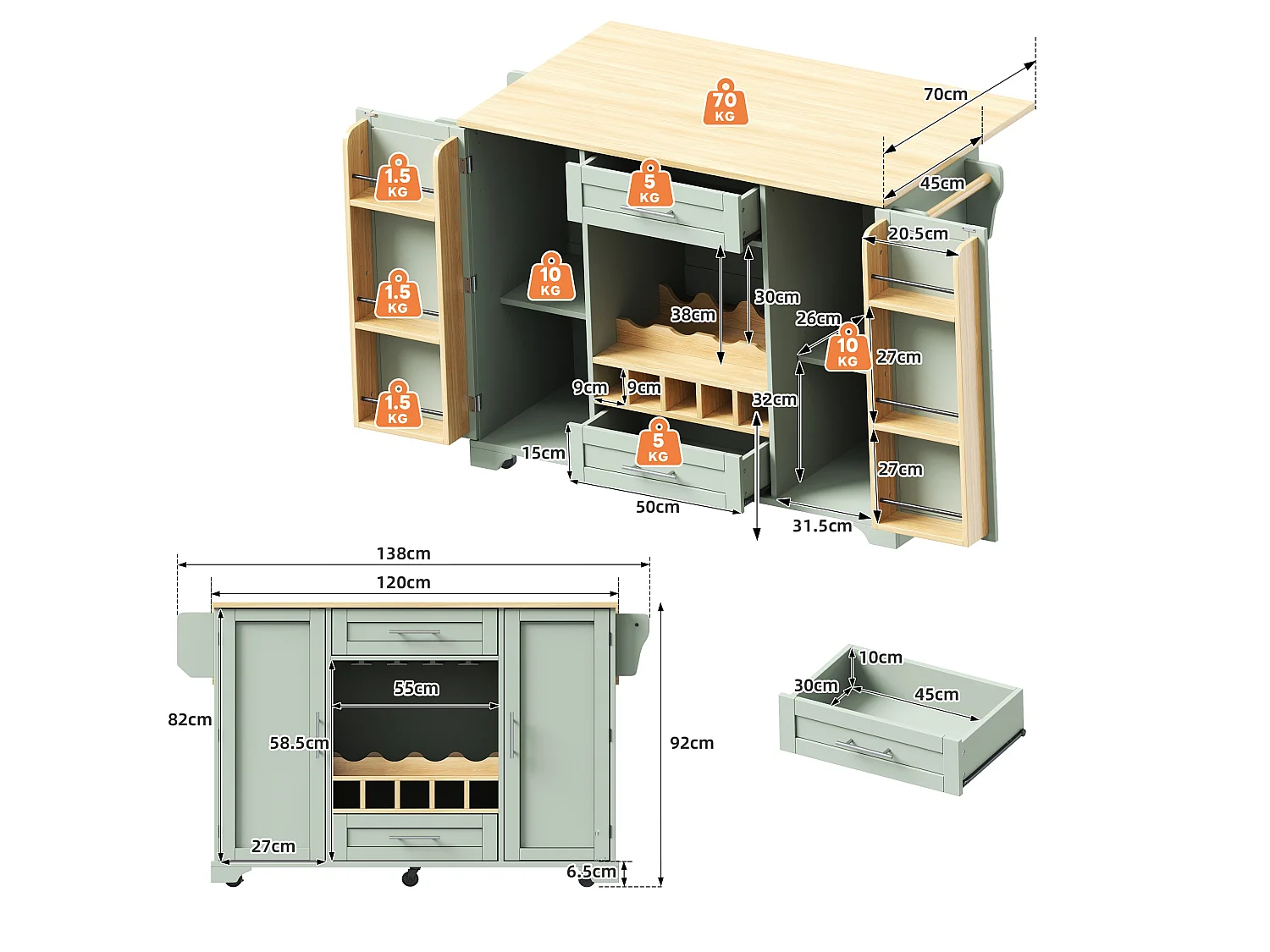 Mobil köksö - Hopfällbar bänkskiva, 2 dörrar, 2 lådor och vinställ – 138 × 45 (70) × 92 cm – MDF – Grön