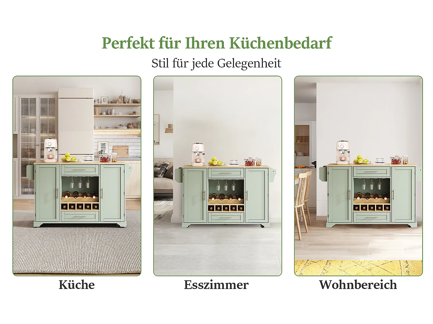 Mobil köksö - Hopfällbar bänkskiva, 2 dörrar, 2 lådor och vinställ – 138 × 45 (70) × 92 cm – MDF – Grön