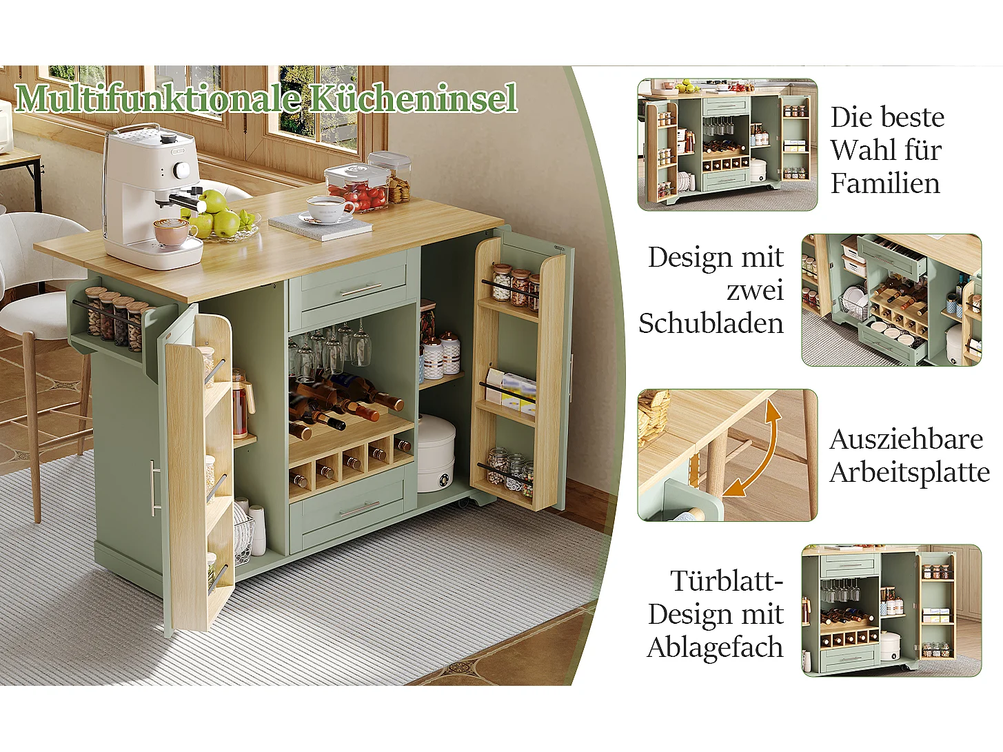 Mobil köksö - Hopfällbar bänkskiva, 2 dörrar, 2 lådor och vinställ – 138 × 45 (70) × 92 cm – MDF – Grön