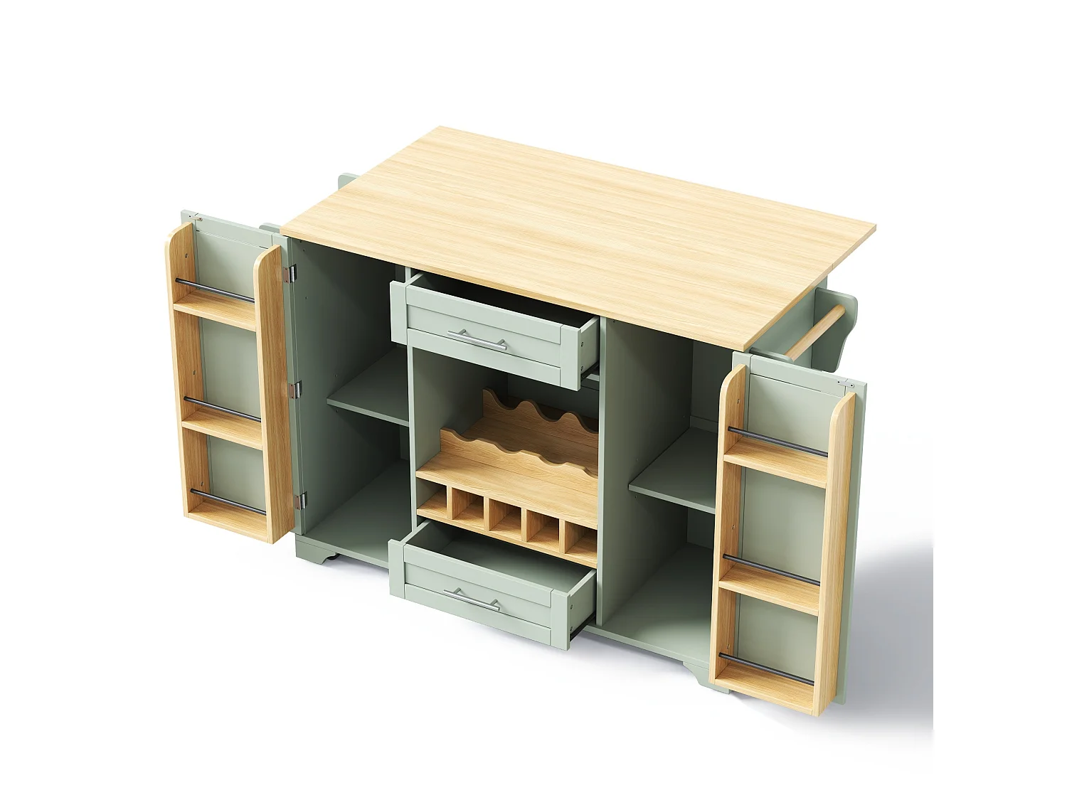 Mobil köksö - Hopfällbar bänkskiva, 2 dörrar, 2 lådor och vinställ – 138 × 45 (70) × 92 cm – MDF – Grön