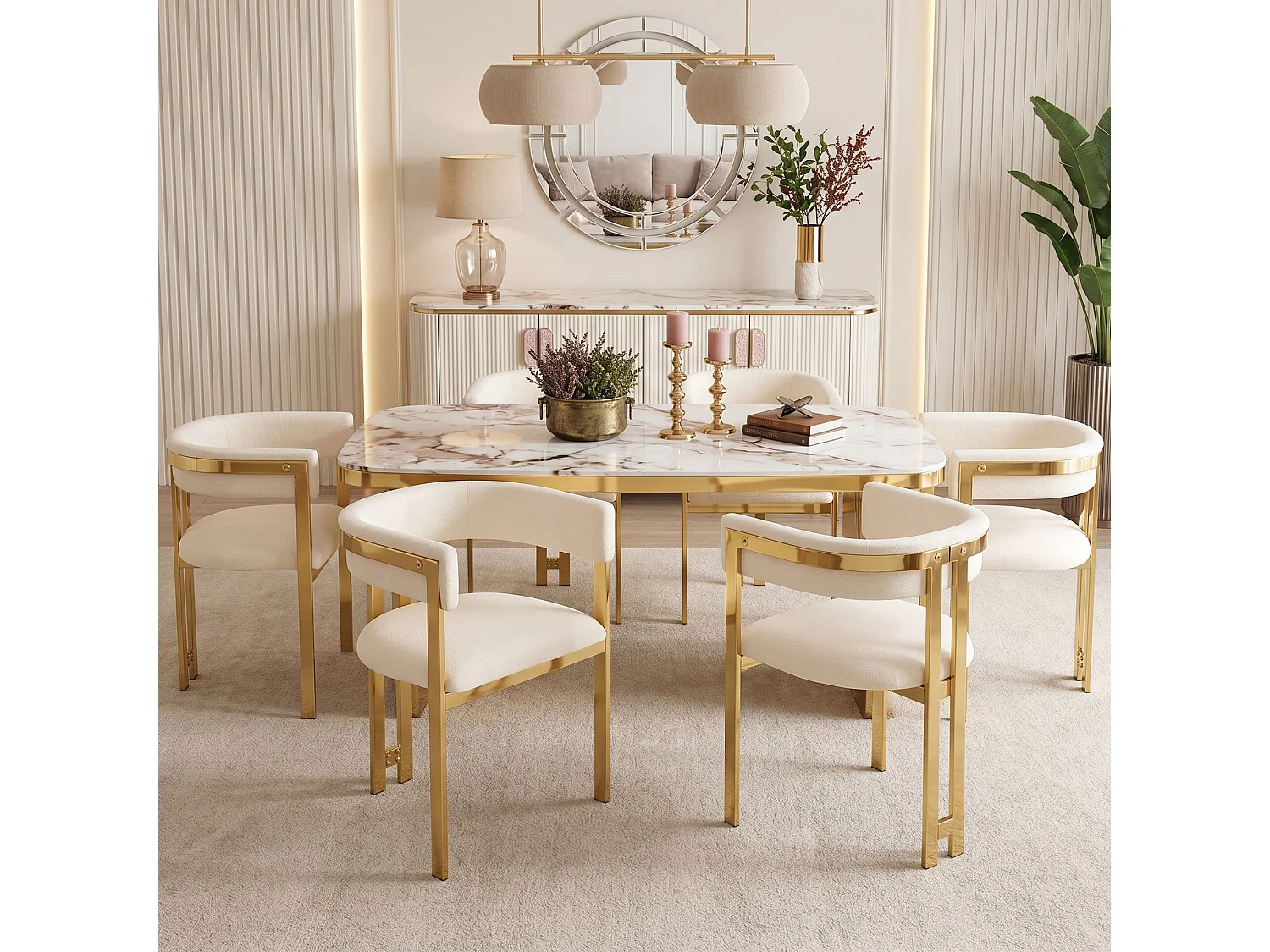 Lot de 4 chaises de salle à manger avec accoudoirs avec dossier en C - Chenille et métal - 60 x 50 x 76 cm - Beige + or