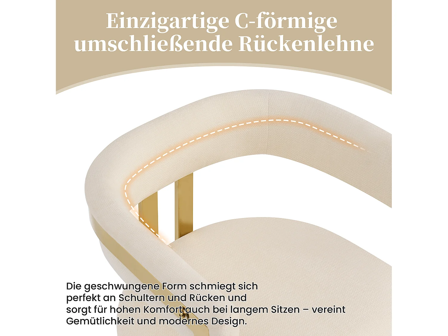Lot de 4 chaises de salle à manger avec accoudoirs avec dossier en C - Chenille et métal - 60 x 50 x 76 cm - Beige + or