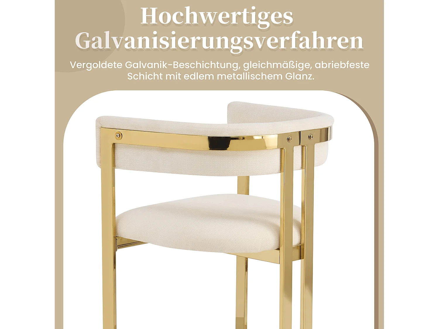 Lot de 4 chaises de salle à manger avec accoudoirs avec dossier en C - Chenille et métal - 60 x 50 x 76 cm - Beige + or