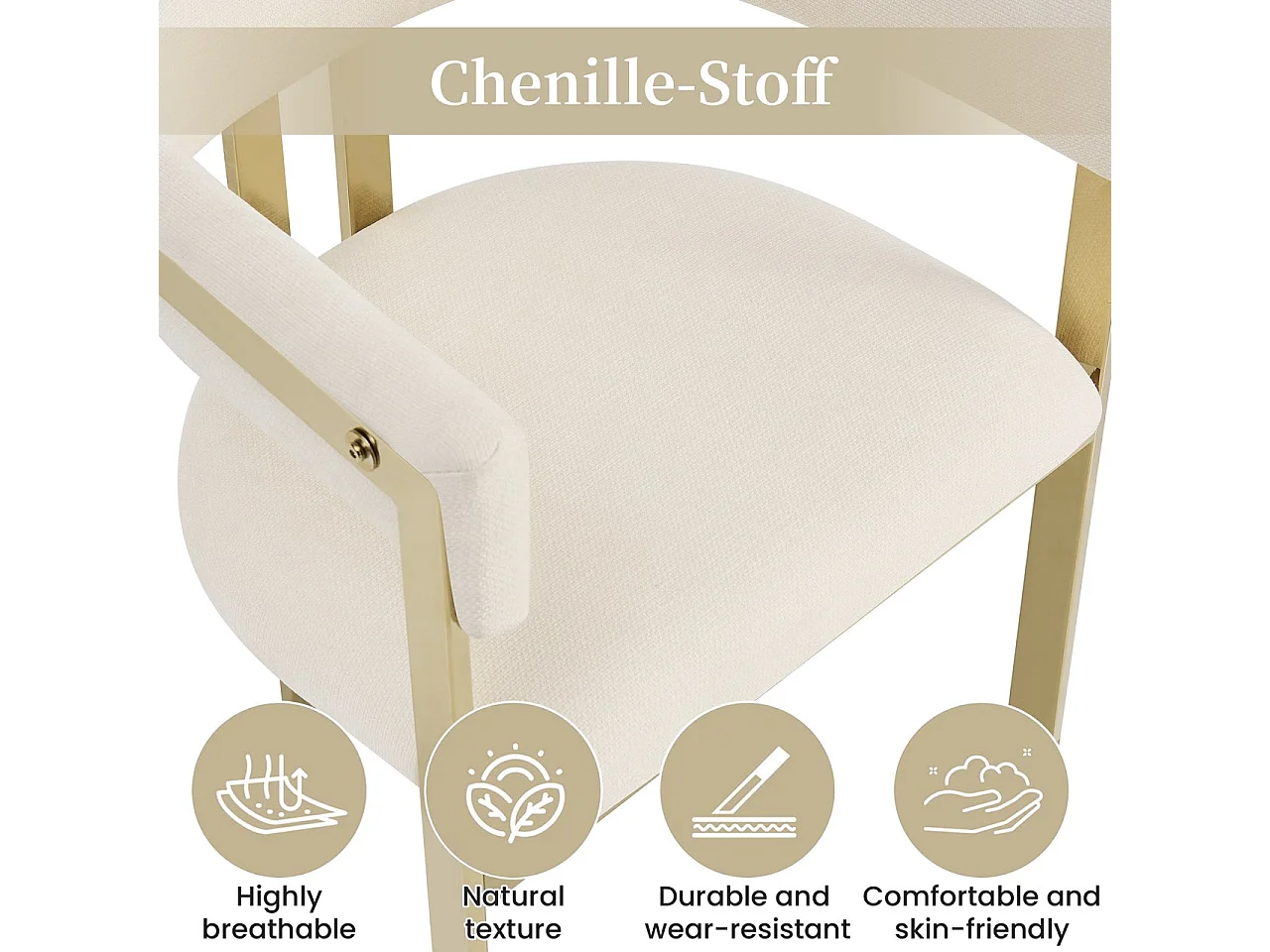 Lot de 4 chaises de salle à manger avec accoudoirs avec dossier en C - Chenille et métal - 60 x 50 x 76 cm - Beige + or
