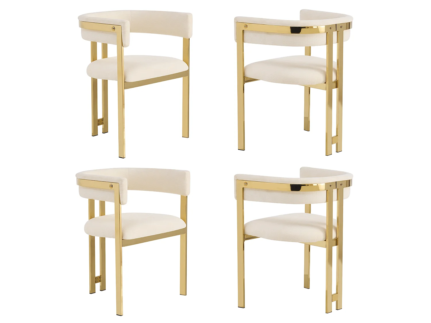 Lot de 4 chaises de salle à manger avec accoudoirs avec dossier en C - Chenille et métal - 60 x 50 x 76 cm - Beige + or