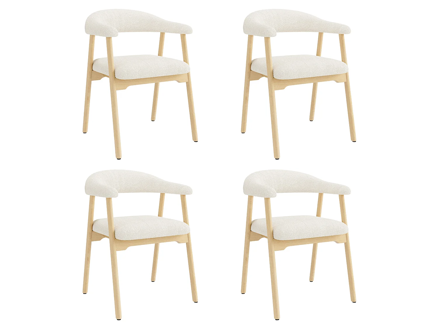 Lot de 4 chaises de salle à manger avec accoudoirs et dossier en C - Bois massif, tissu bouclé - 60,5x57x79,5 cm - Bois naturel + beige