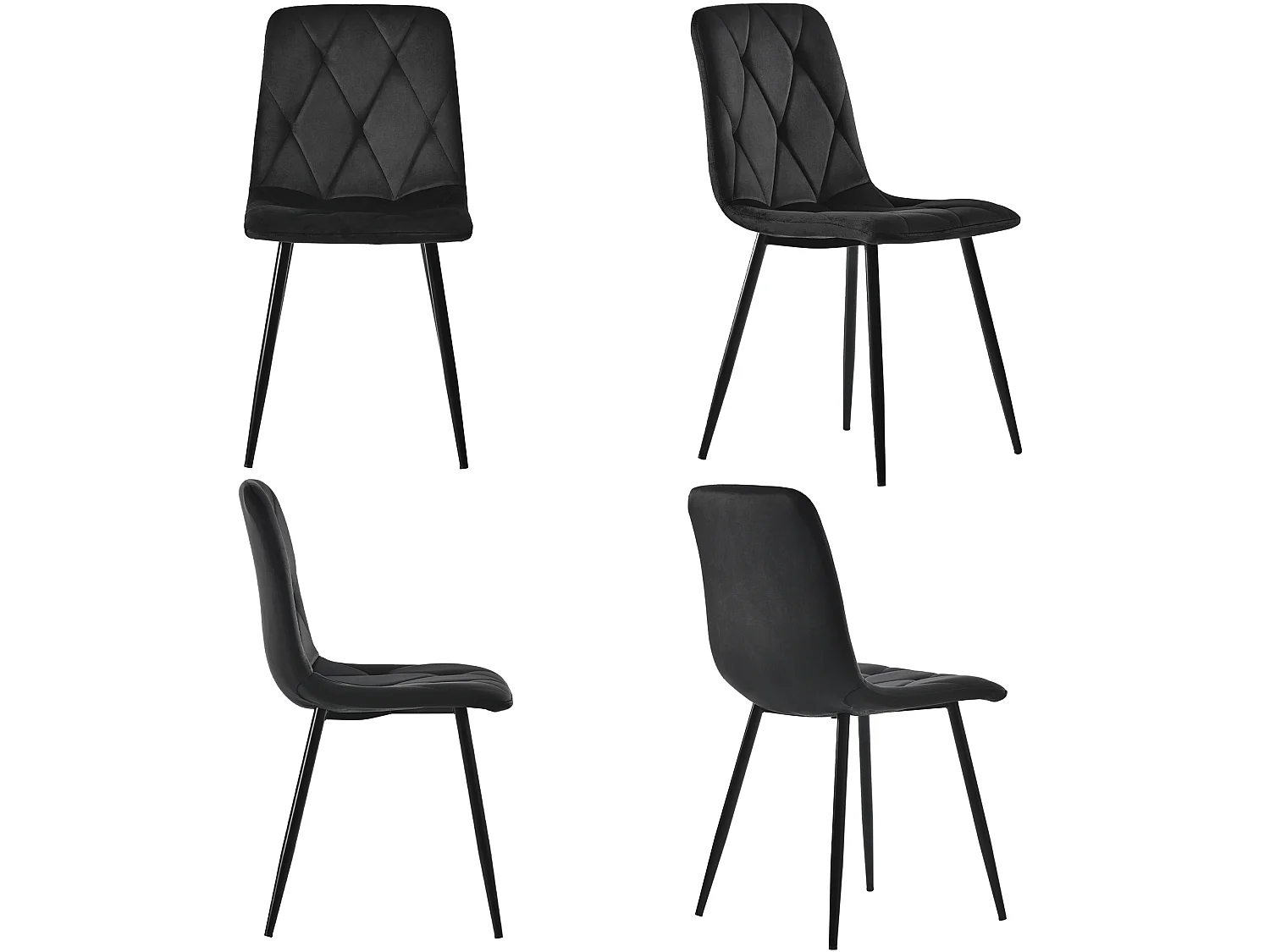 Lot de 4 chaises de salle à manger sans accoudoirs - 45 x 46 x 86 cm - velours et pièds en métal - Noir