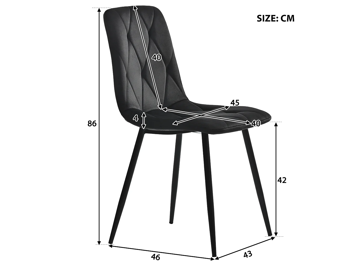 Lot de 4 chaises de salle à manger sans accoudoirs - 45 x 46 x 86 cm - velours et pièds en métal - Noir