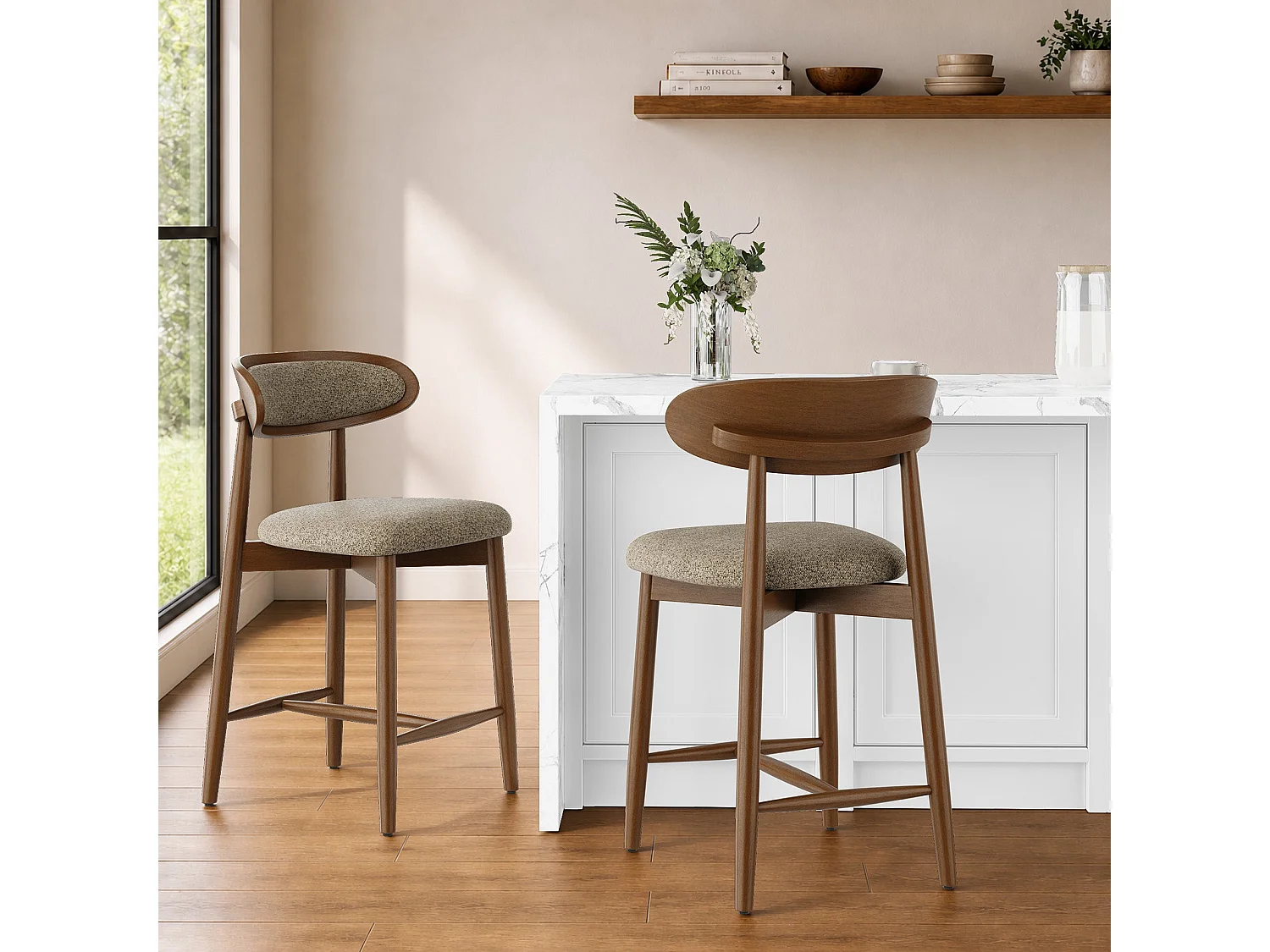 Lot de 2 tabourets de bar en bois massif, dossier incurvé et assise rembourrée, marron