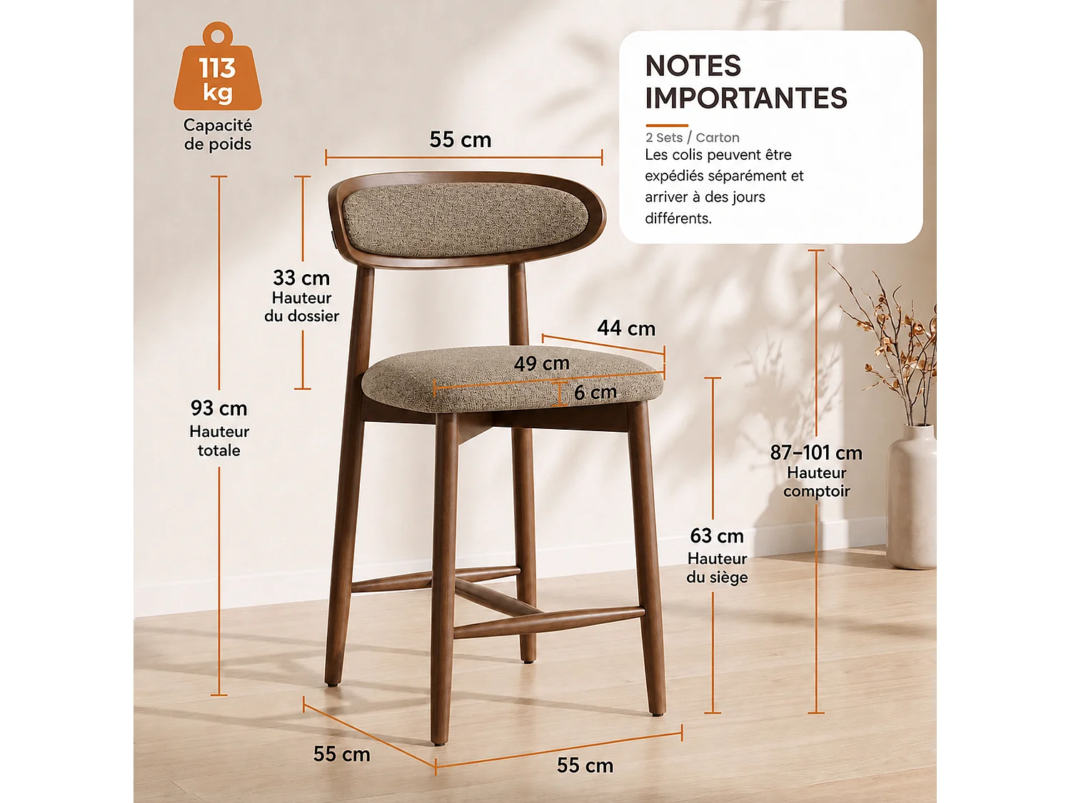 Lot de 2 tabourets de bar en bois massif, dossier incurvé et assise rembourrée, marron
