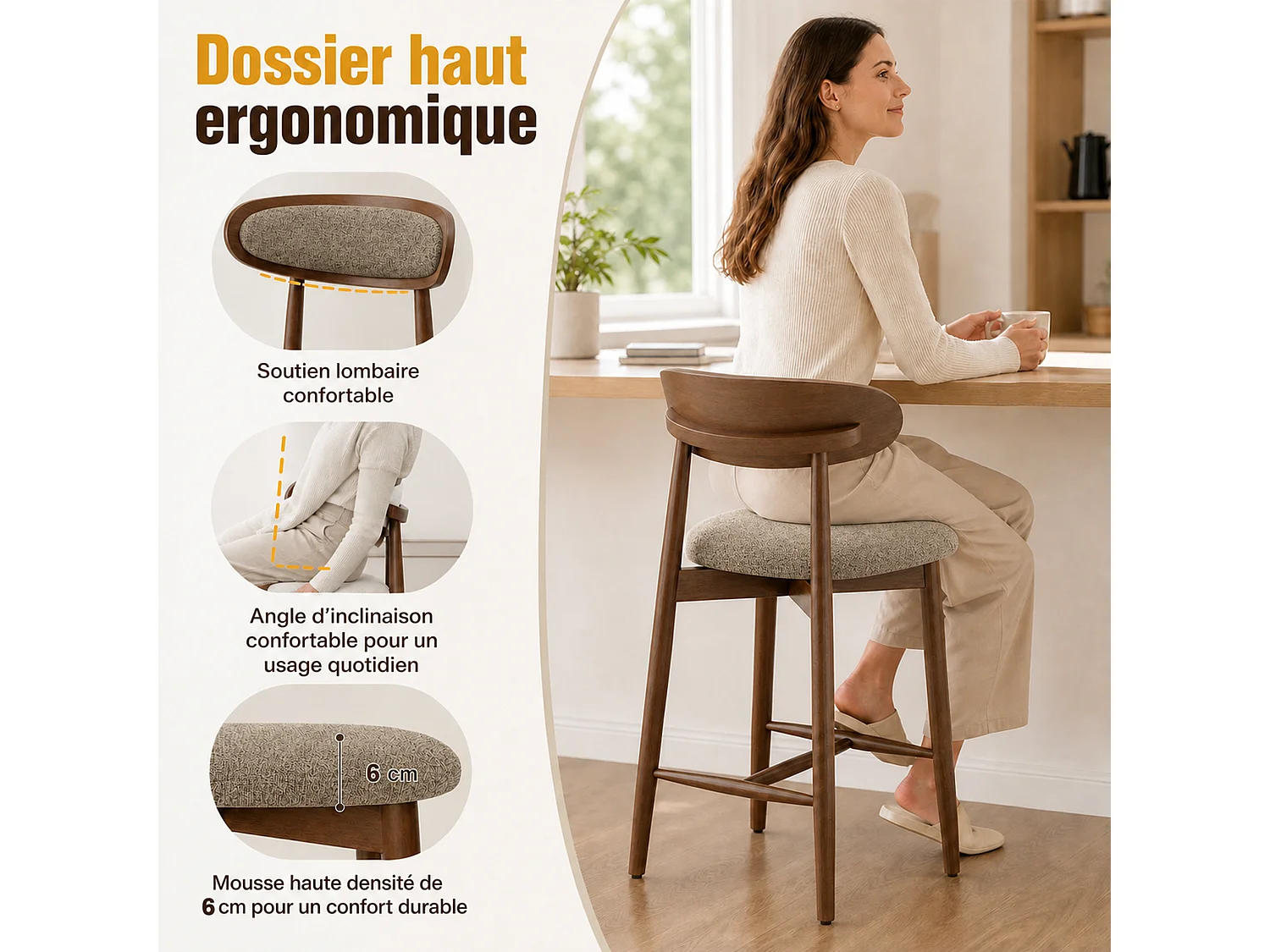 Lot de 2 tabourets de bar en bois massif, dossier incurvé et assise rembourrée, marron