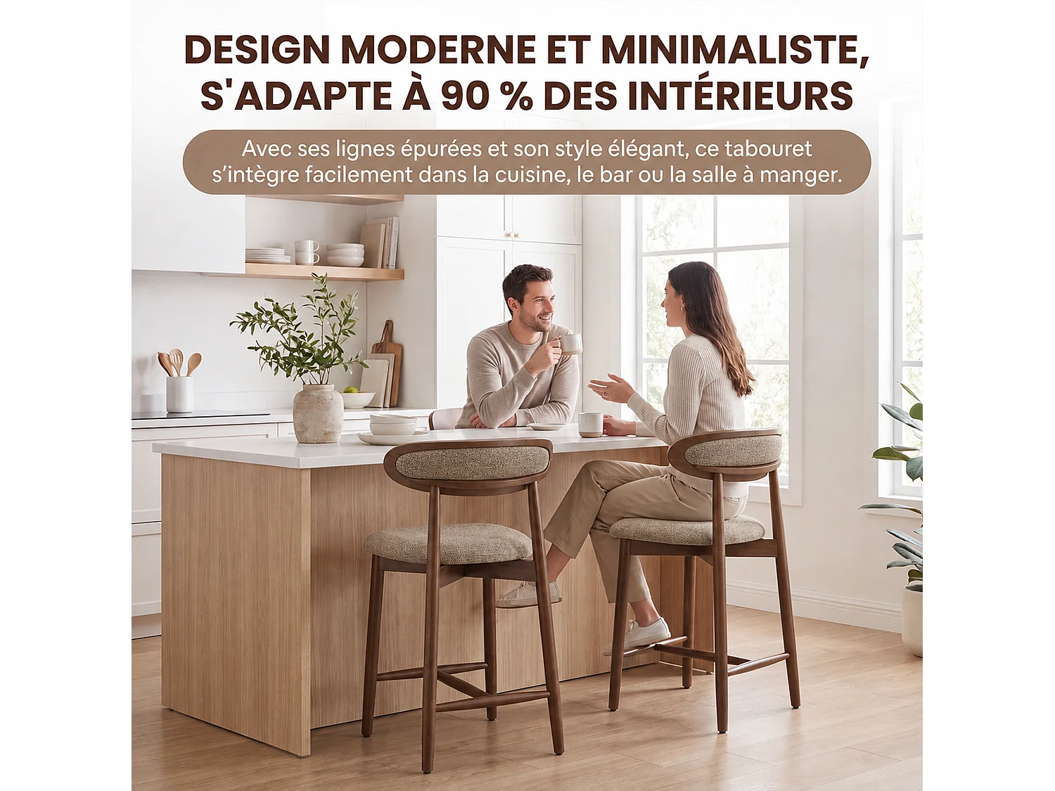 Lot de 2 tabourets de bar en bois massif, dossier incurvé et assise rembourrée, marron