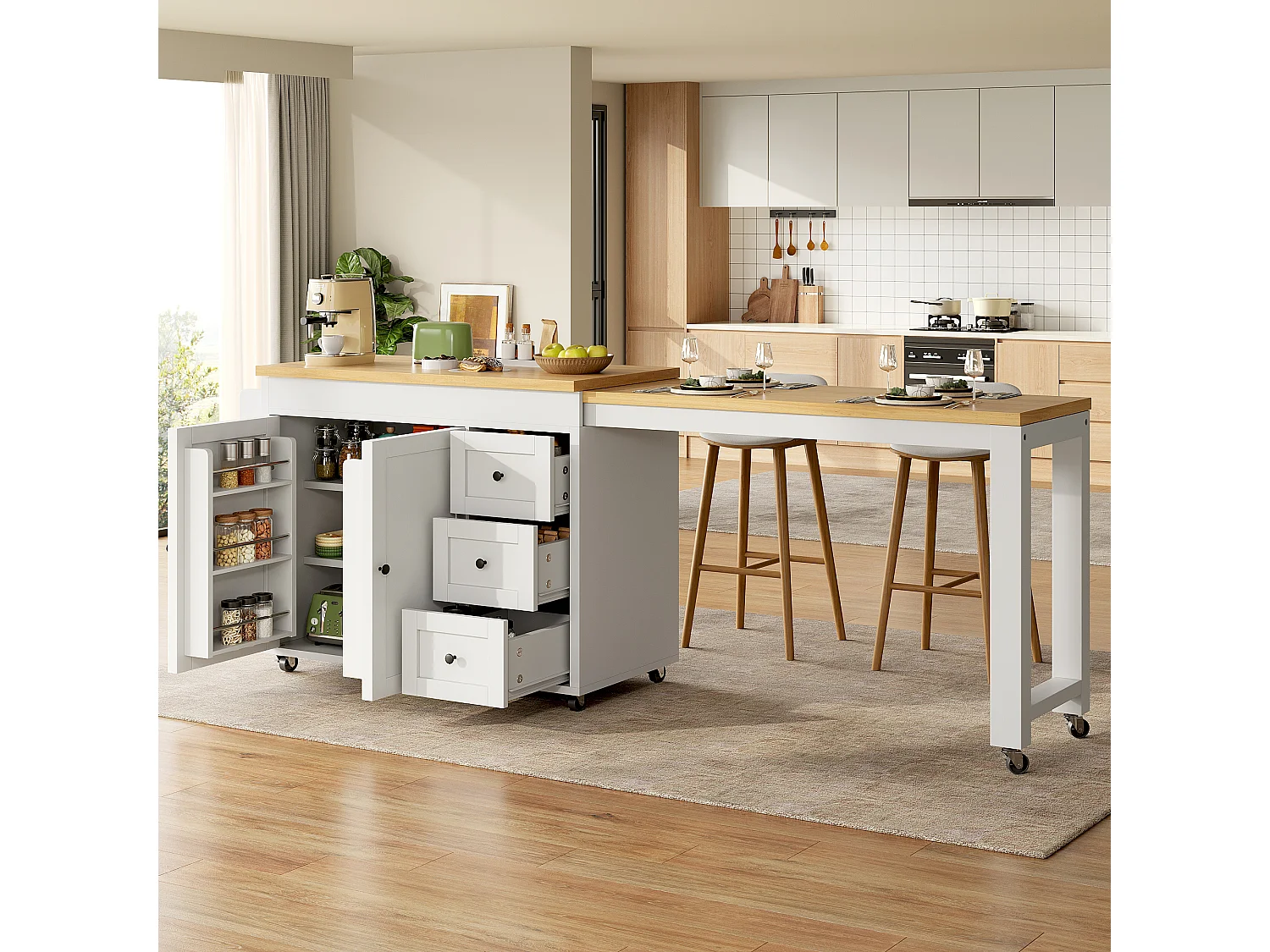 Ausziehbare Kücheninsel mit verschiebbarer Arbeitsplatte (116–179,5 cm), 2 Türen, 3 Schubladen, Seitenablagen und Rollen – MDF/Metall – Weiß