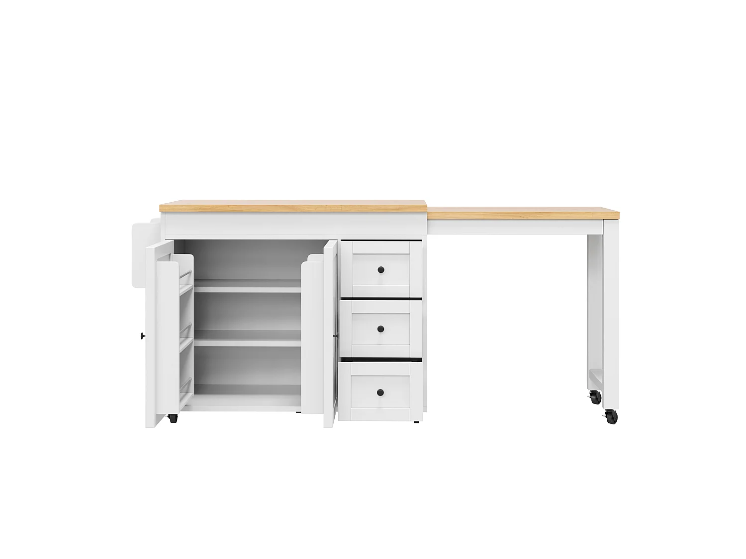 Ausziehbare Kücheninsel mit verschiebbarer Arbeitsplatte (116–179,5 cm), 2 Türen, 3 Schubladen, Seitenablagen und Rollen – MDF/Metall – Weiß