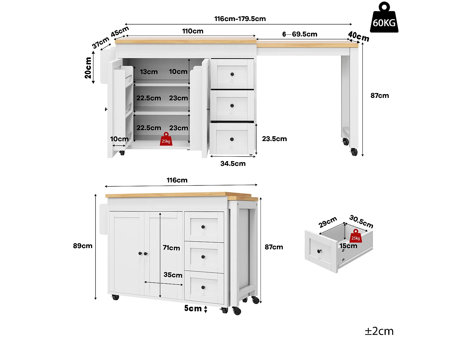 Ausziehbare Kücheninsel mit verschiebbarer Arbeitsplatte (116–179,5 cm), 2 Türen, 3 Schubladen, Seitenablagen und Rollen – MDF/Metall – Weiß