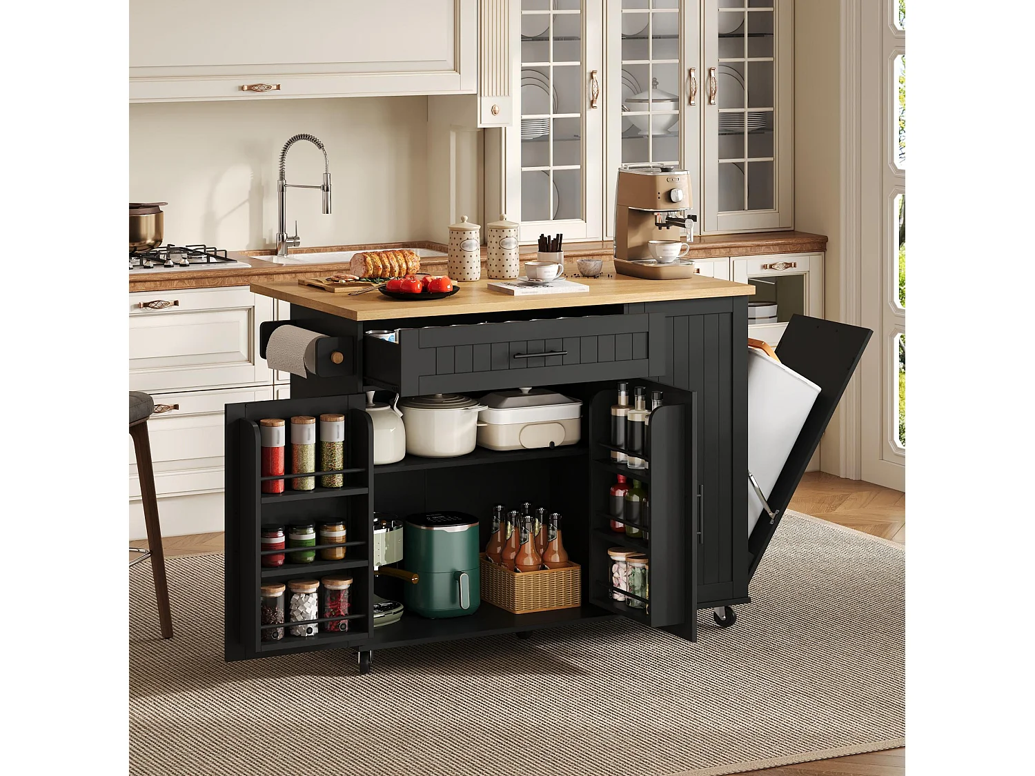 Îlot central de cuisine mobile - Plan de travail pliable, armoire à poubelle, 1 tiroir et 2 portes – 130 x 45 (70) x 93 cm - MDF - Noir