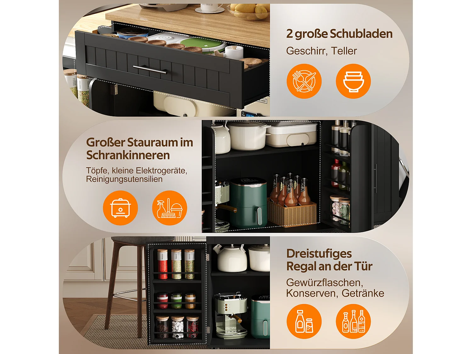 Îlot central de cuisine mobile - Plan de travail pliable, armoire à poubelle, 1 tiroir et 2 portes – 130 x 45 (70) x 93 cm - MDF - Noir