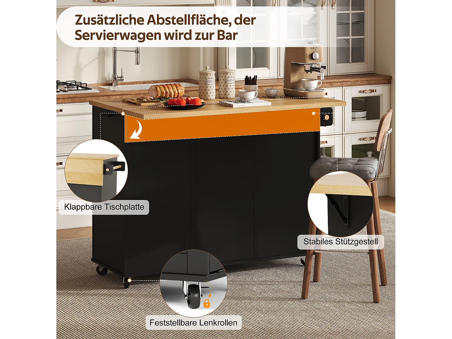 Îlot central de cuisine mobile - Plan de travail pliable, armoire à poubelle, 1 tiroir et 2 portes – 130 x 45 (70) x 93 cm - MDF - Noir