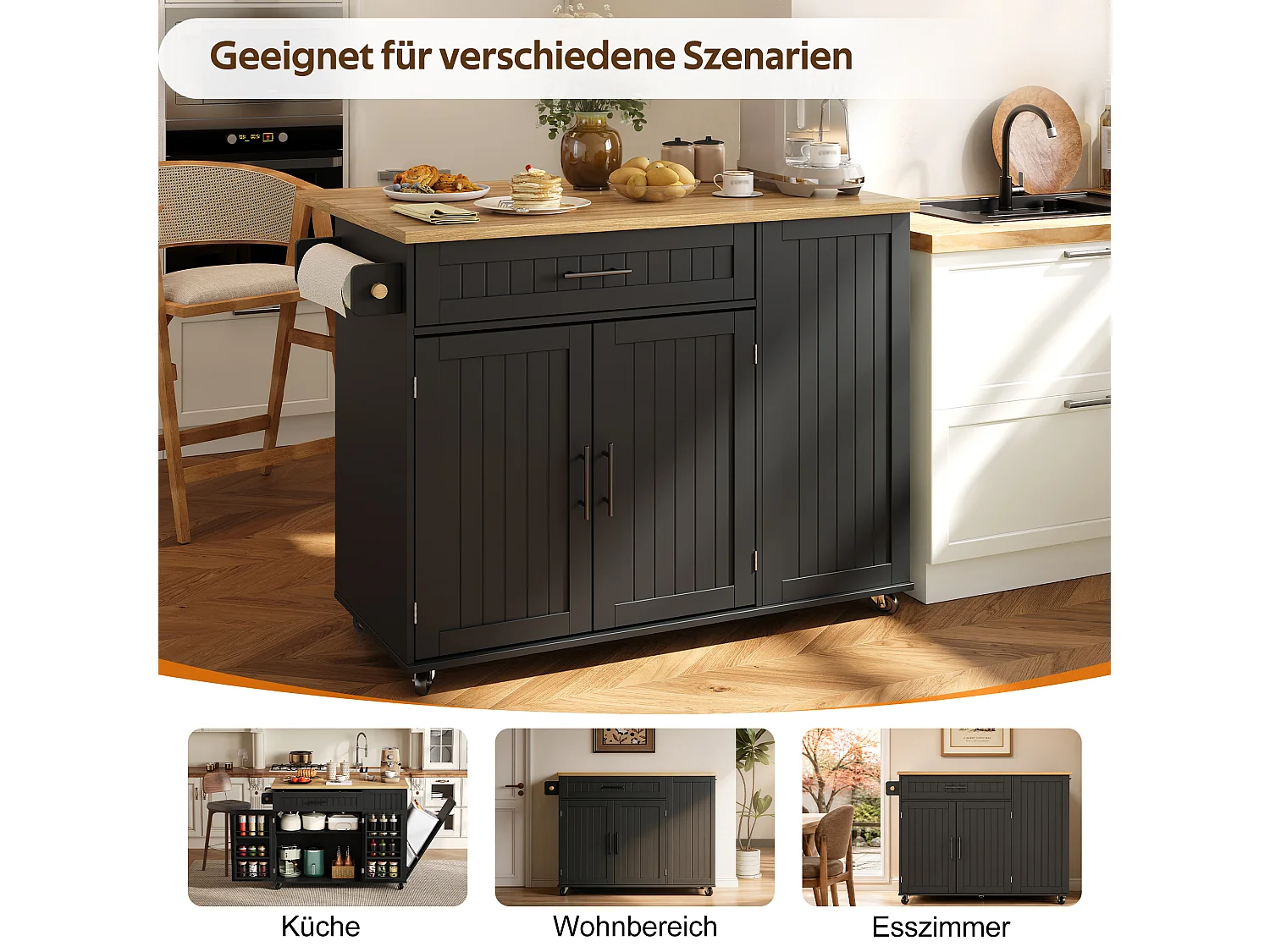 Îlot central de cuisine mobile - Plan de travail pliable, armoire à poubelle, 1 tiroir et 2 portes – 130 x 45 (70) x 93 cm - MDF - Noir