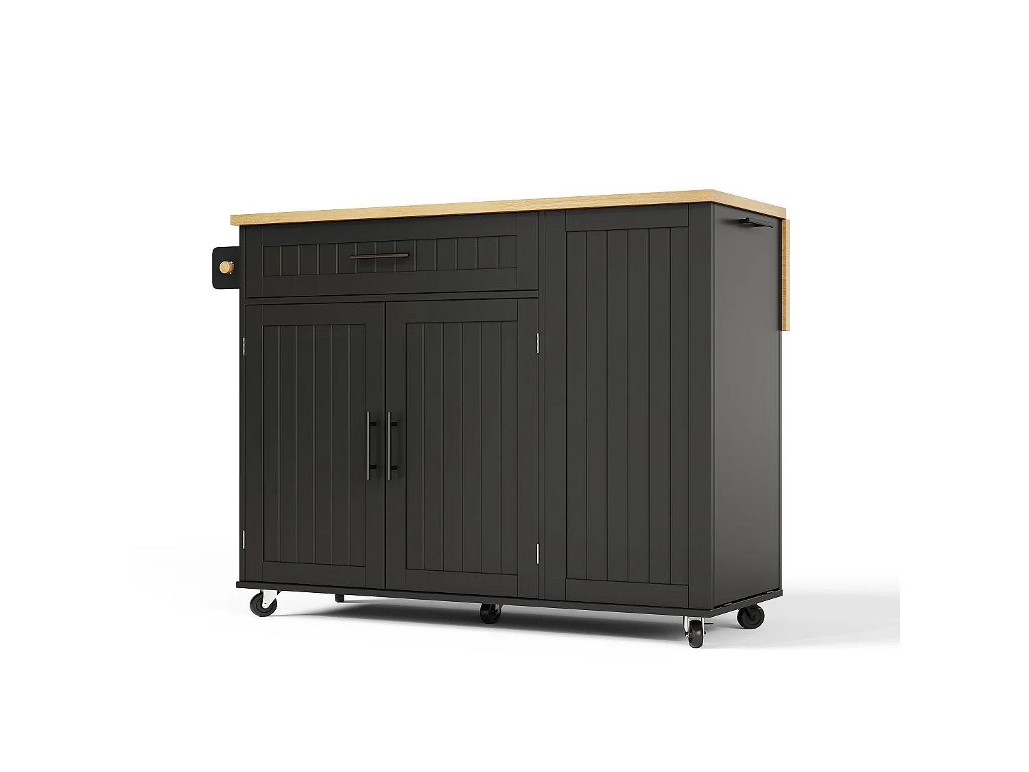 Îlot central de cuisine mobile - Plan de travail pliable, armoire à poubelle, 1 tiroir et 2 portes – 130 x 45 (70) x 93 cm - MDF - Noir