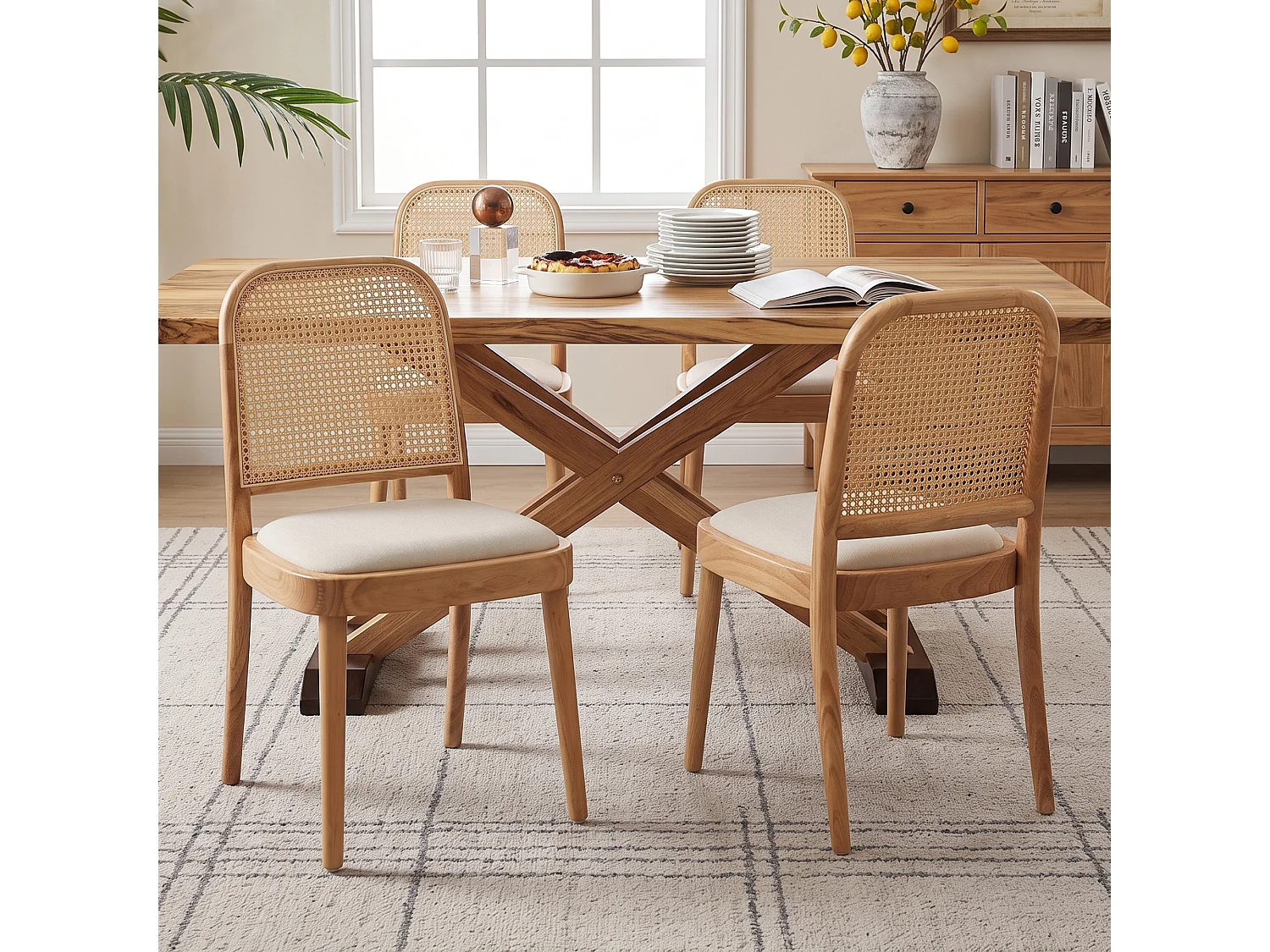 Set van 6 armloze eetkamerstoelen met rotan rugleuningen - Massief hout, rotan en linnen - 52 x 45 x 84 cm - Natuurlijk hout