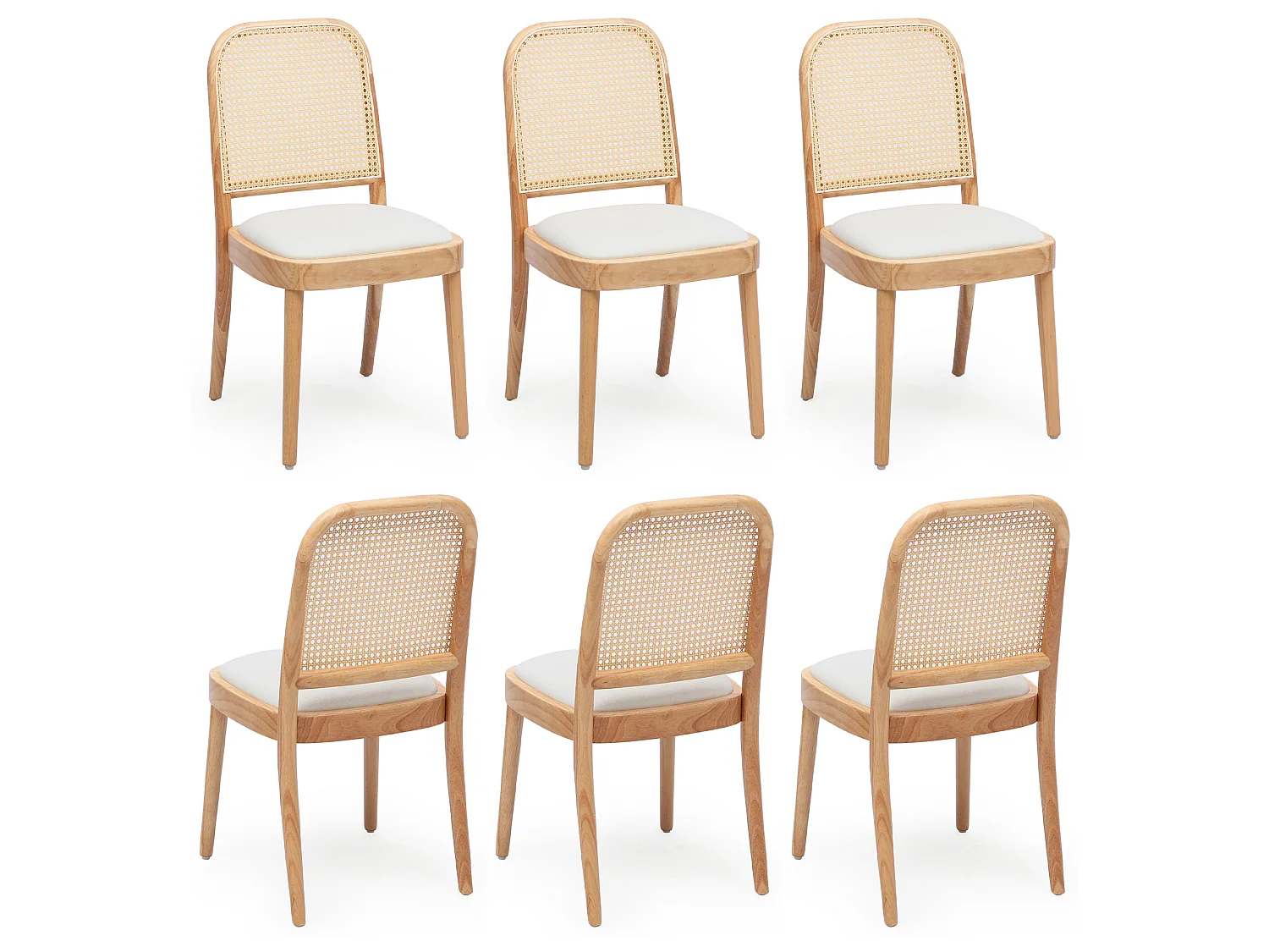 Set van 6 armloze eetkamerstoelen met rotan rugleuningen - Massief hout, rotan en linnen - 52 x 45 x 84 cm - Natuurlijk hout