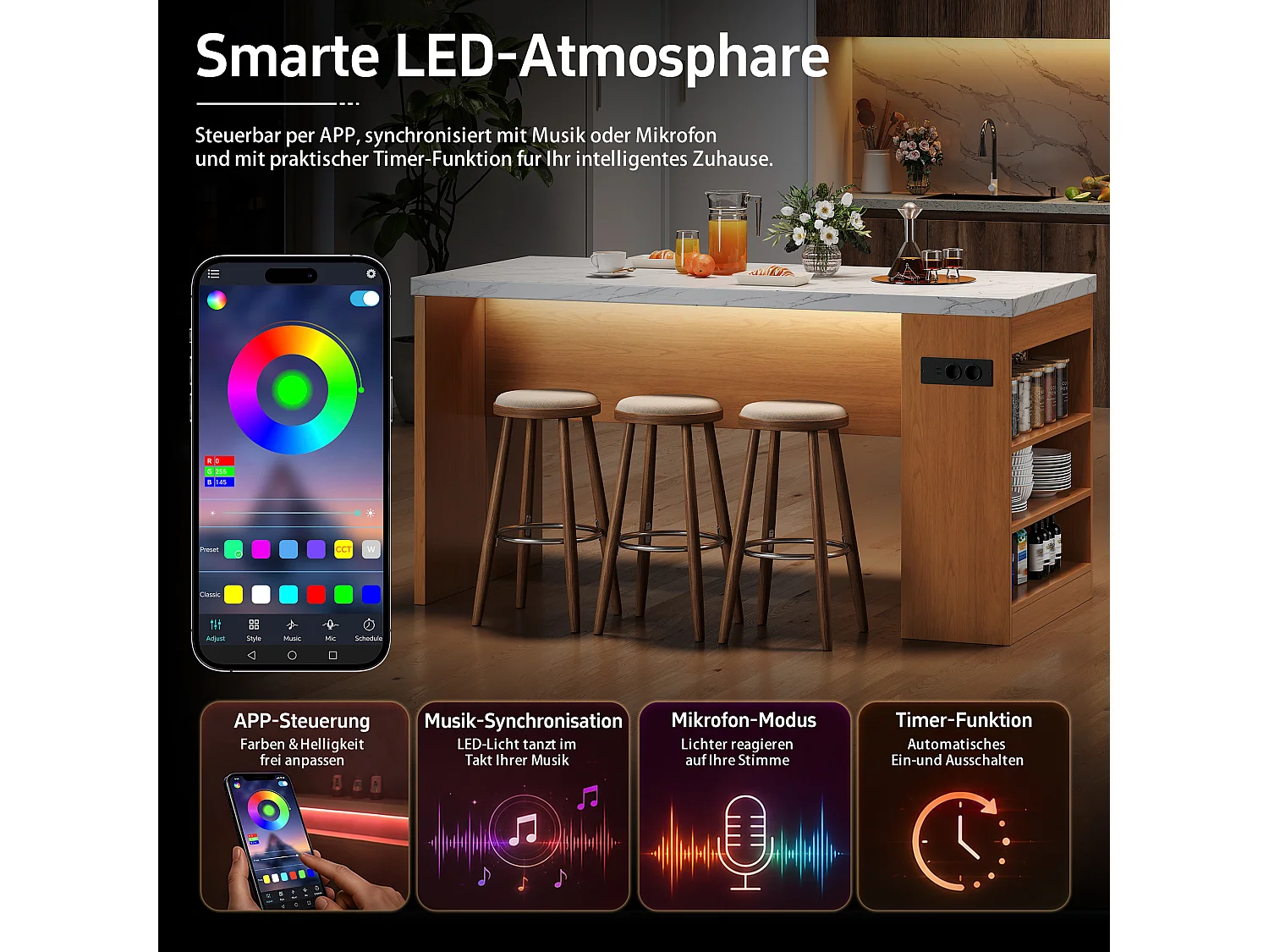 Îlot central de cuisine multifonctionnel avec LED et prises électriques - 2 prises + 2 ports USB - 155 x 80 x 90 cm – MDF –  Naturel + blanc