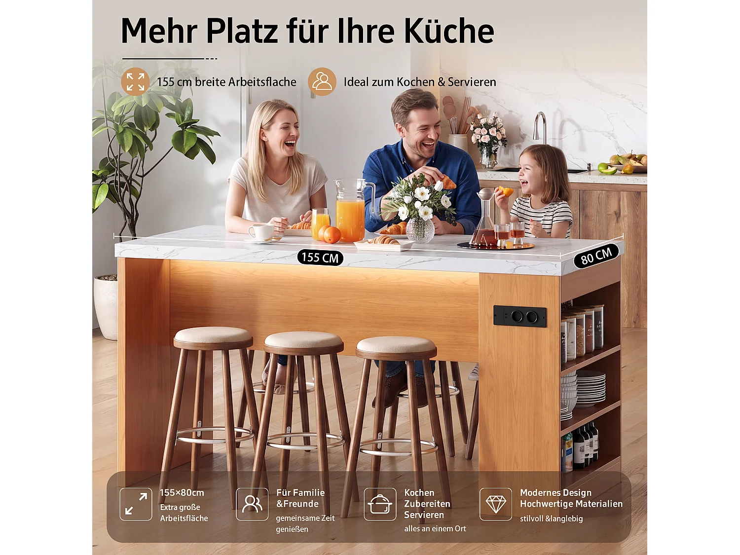Îlot central de cuisine multifonctionnel avec LED et prises électriques - 2 prises + 2 ports USB - 155 x 80 x 90 cm – MDF –  Naturel + blanc