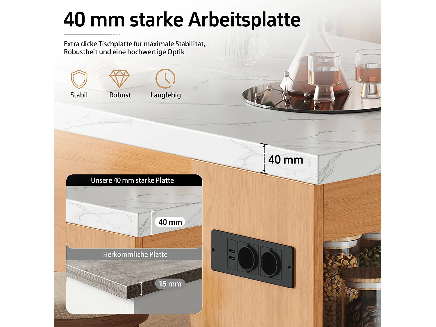Îlot central de cuisine multifonctionnel avec LED et prises électriques - 2 prises + 2 ports USB - 155 x 80 x 90 cm – MDF –  Naturel + blanc