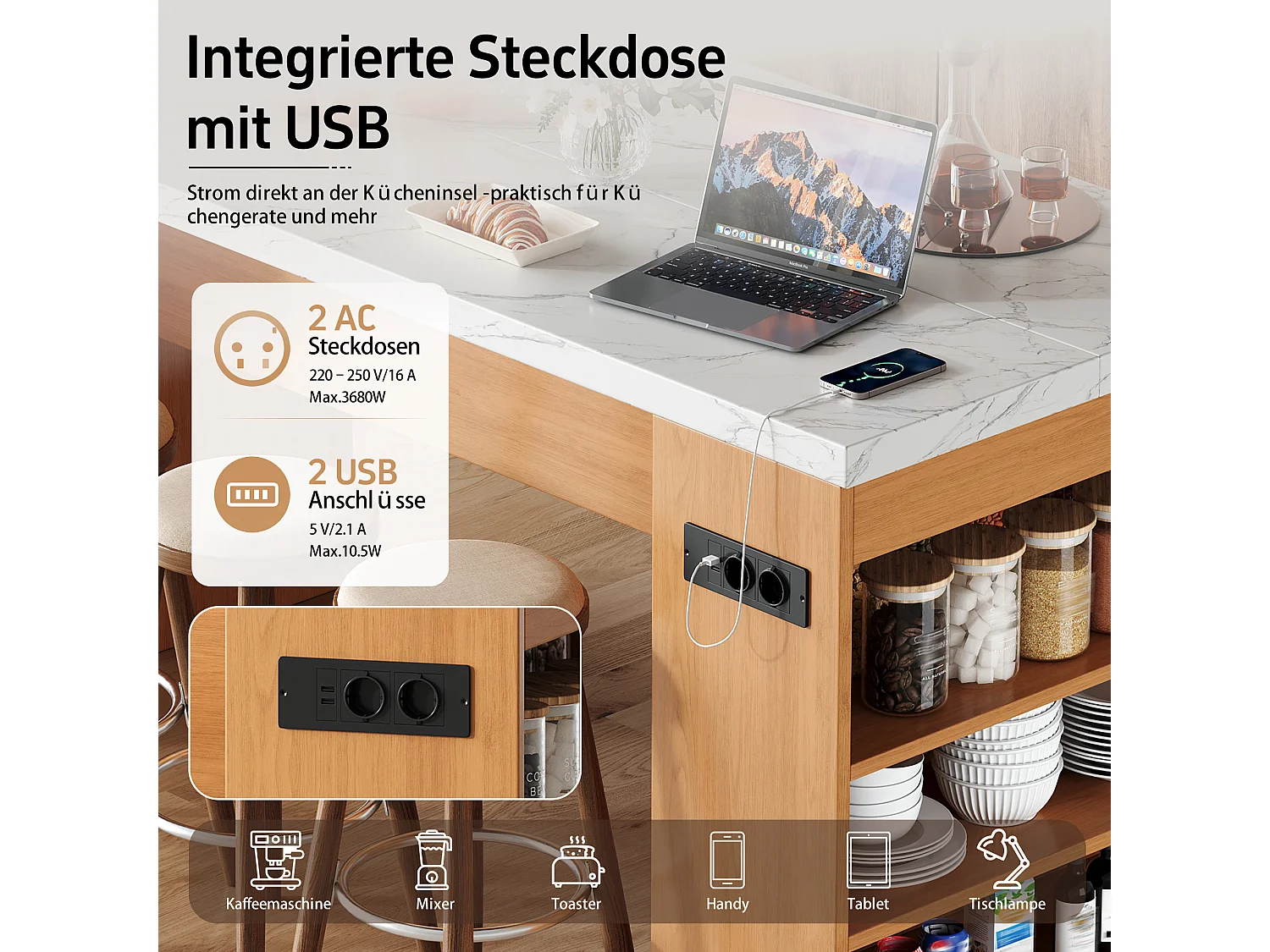 Îlot central de cuisine multifonctionnel avec LED et prises électriques - 2 prises + 2 ports USB - 155 x 80 x 90 cm – MDF –  Naturel + blanc