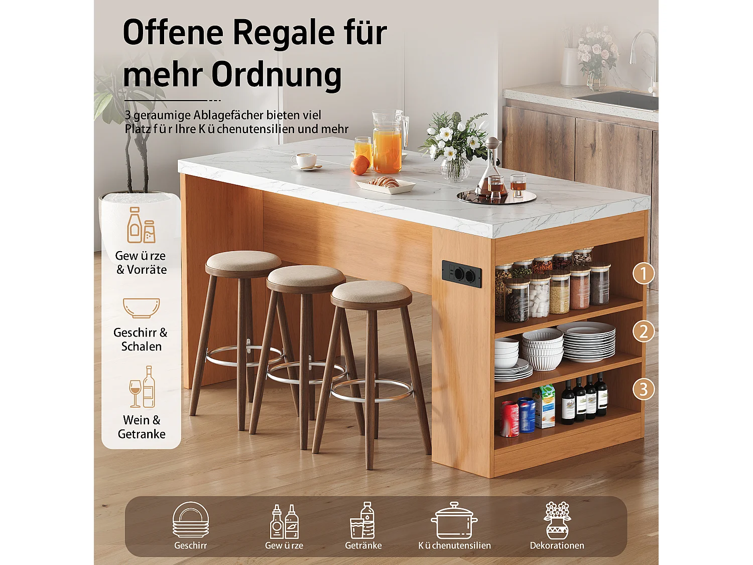 Îlot central de cuisine multifonctionnel avec LED et prises électriques - 2 prises + 2 ports USB - 155 x 80 x 90 cm – MDF –  Naturel + blanc