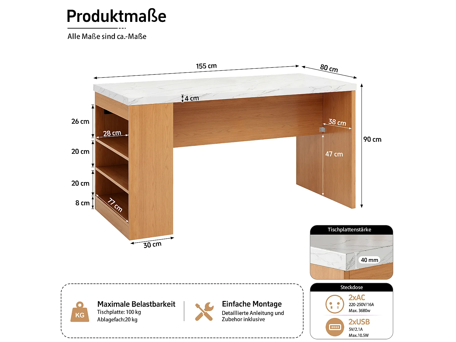 Îlot central de cuisine multifonctionnel avec LED et prises électriques - 2 prises + 2 ports USB - 155 x 80 x 90 cm – MDF –  Naturel + blanc