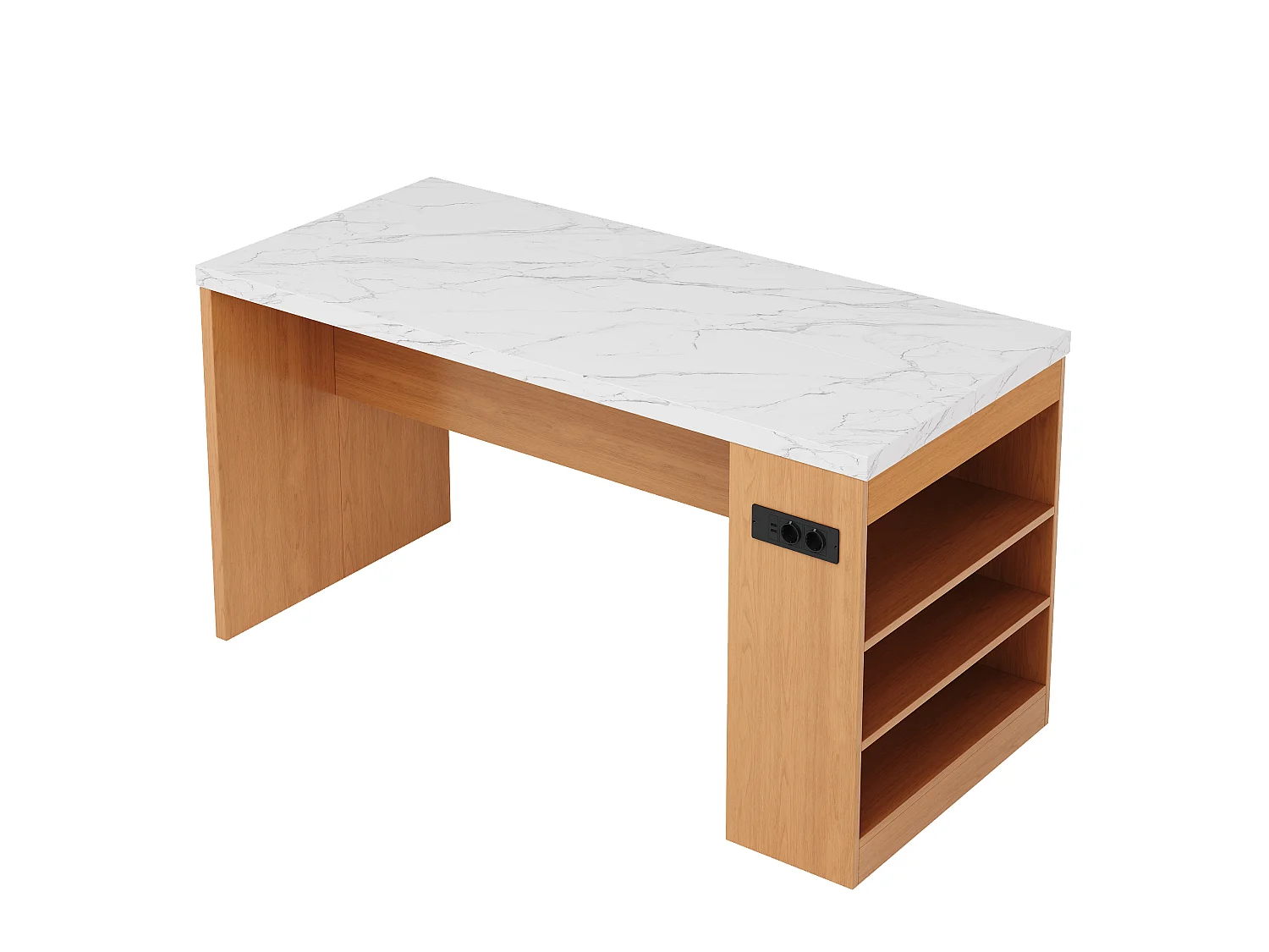 Îlot central de cuisine multifonctionnel avec LED et prises électriques - 2 prises + 2 ports USB - 155 x 80 x 90 cm – MDF –  Naturel + blanc